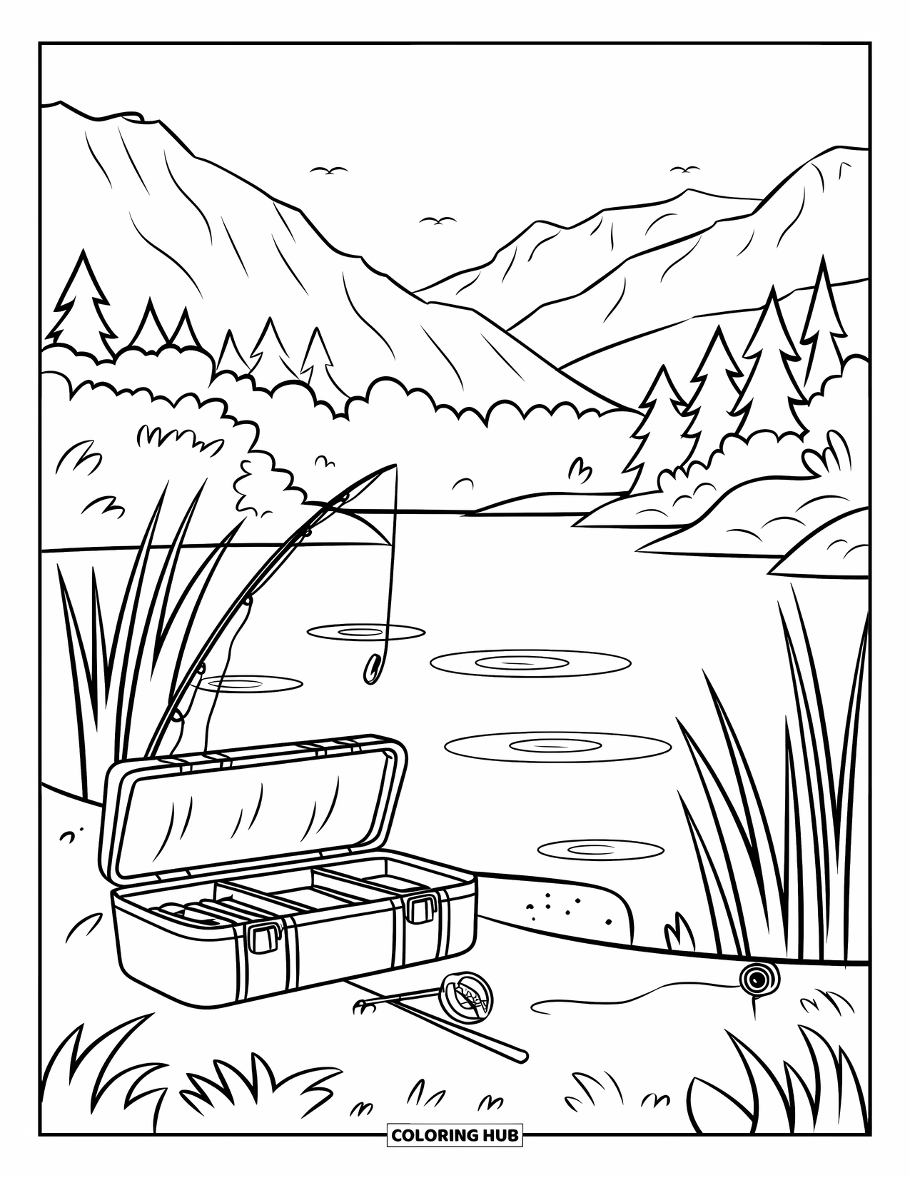 Kleurplaat Meer voor Kinderen: Een vredig meer met een visplek, riet en zachte rimpelingen