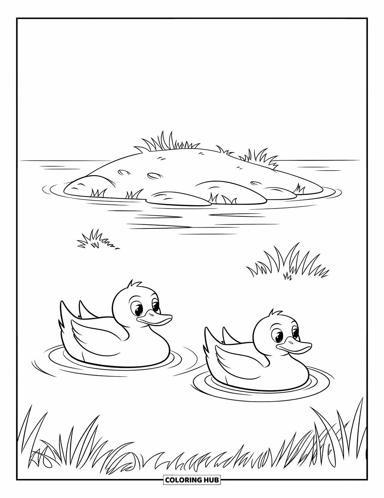 Kleurplaat Meer voor Kinderen: Een vredig meer met een zeilboot en omliggende struiken