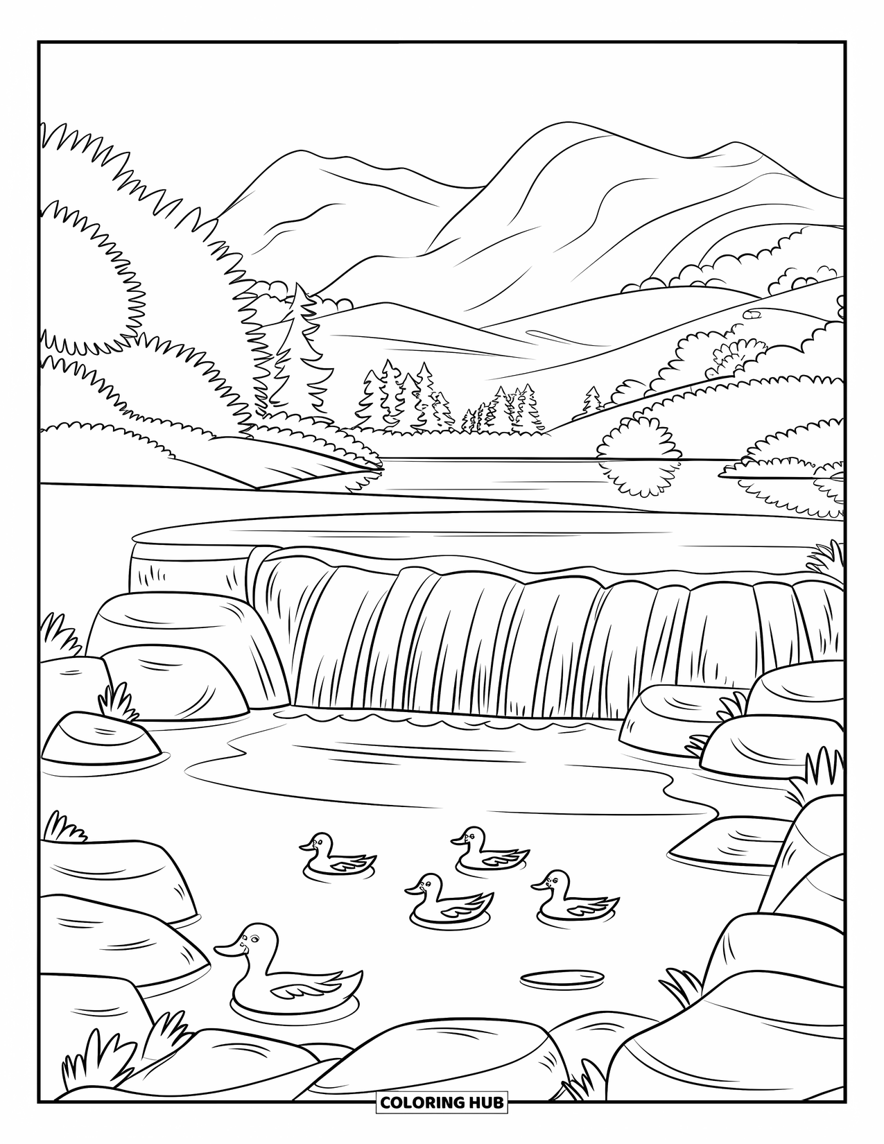 Kleurplaat Meer voor Kinderen: Een vredig meer met eenden, rotsen en een zachte waterval