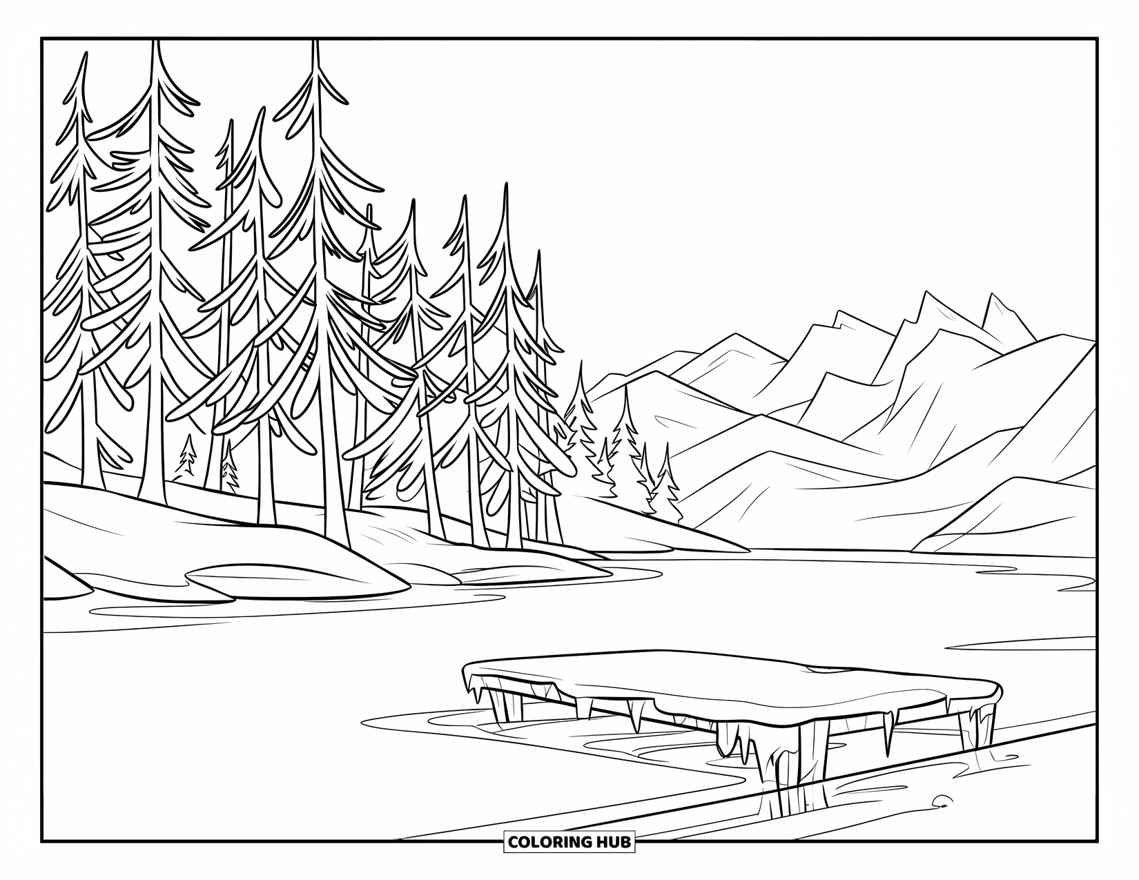 Kleurplaat Meer voor Kinderen: Een vredig wintermeer met een besneeuwd bos en een bevroren dok