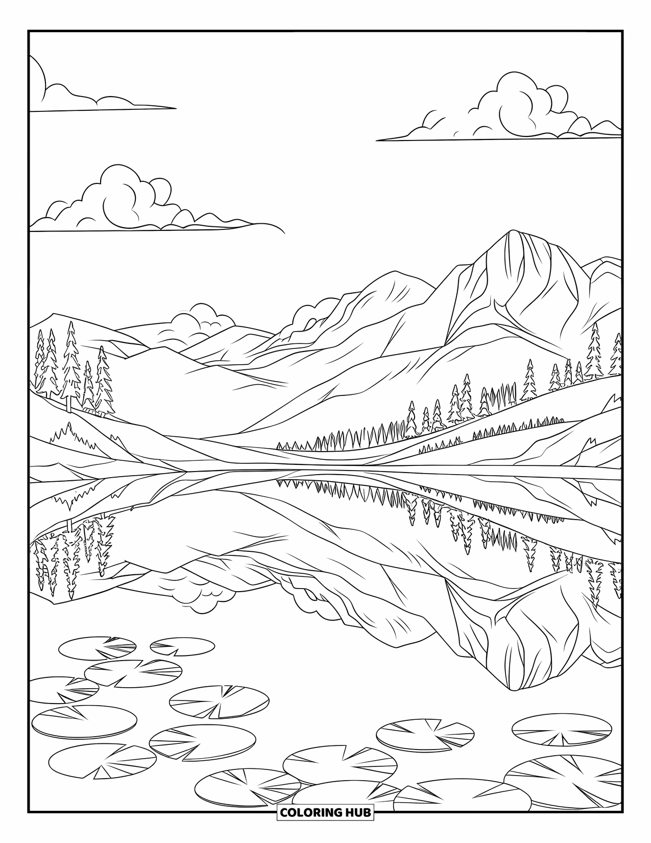 Kleurplaat Meer voor Kinderen: Een reflecterend meer met waterlelies, bergen en wolken in de lucht