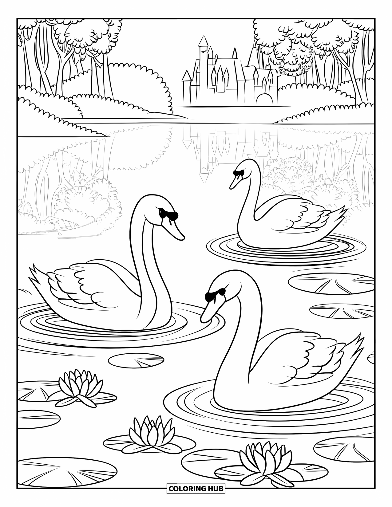 Kleurplaat Meer voor Kinderen: Een reflecterend meer met zwanen, lelies en rimpelingen