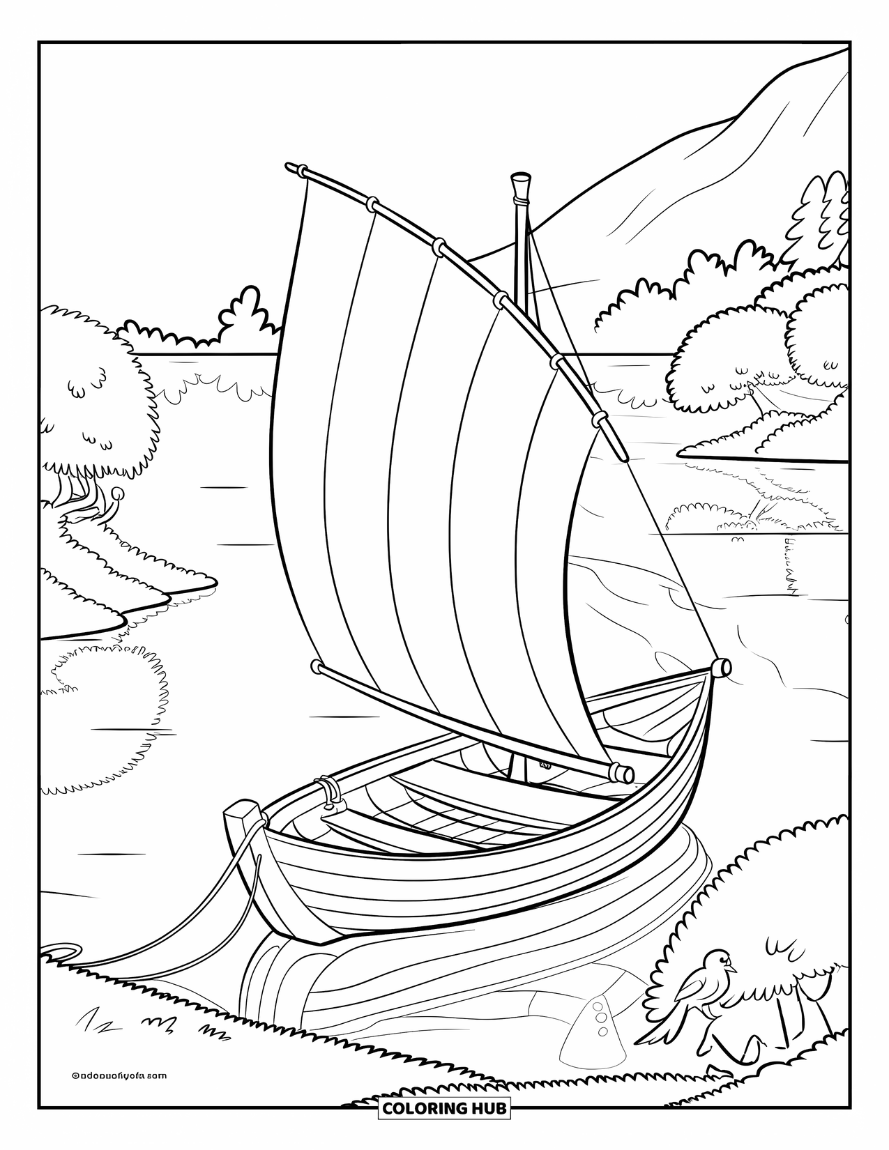 Kleurplaat Meer voor Kinderen: Een zeilboot op een vredig meer met struiken langs de oever