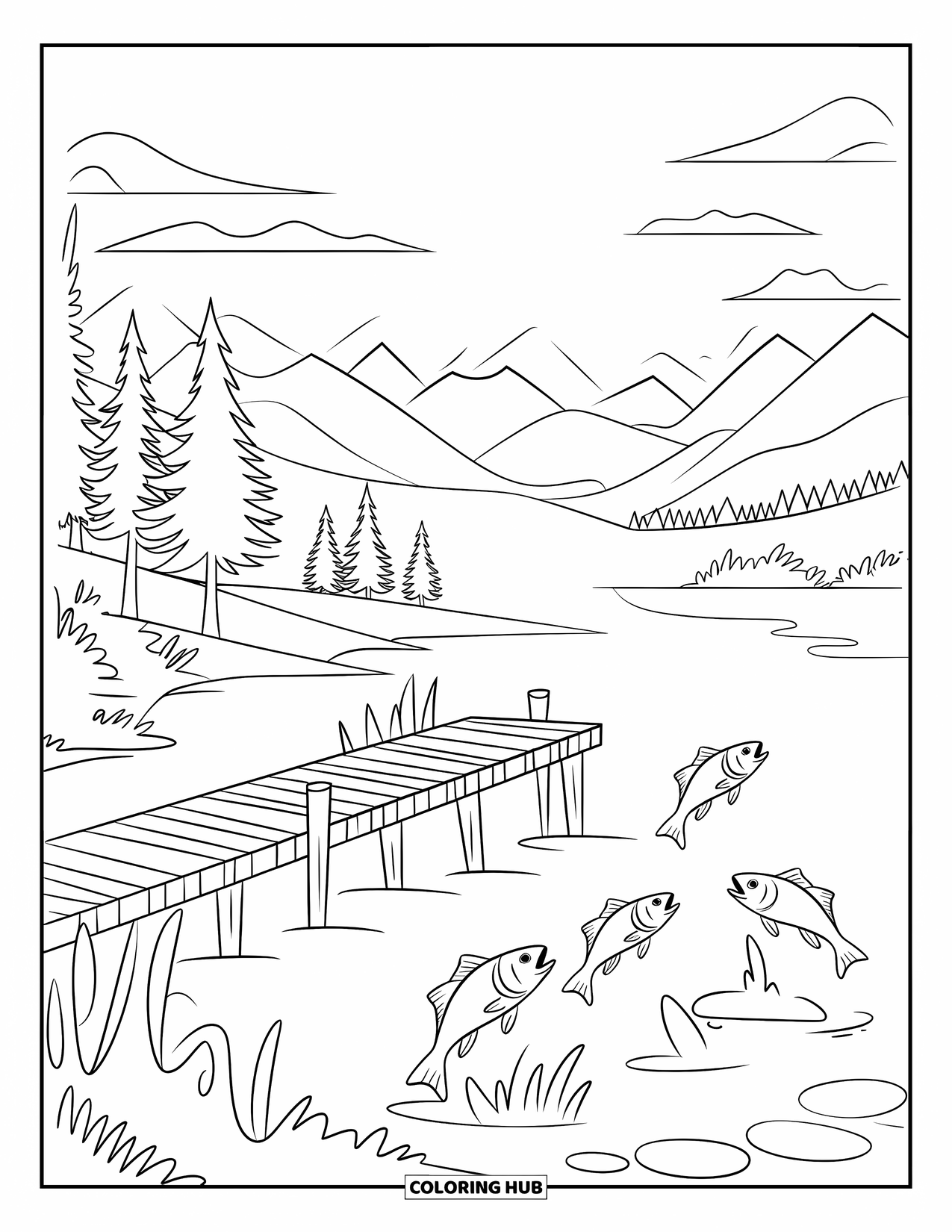 Kleurplaat Meer voor Kinderen: Een schilderachtig meer met een houten pier, dennenbomen en springende vissen