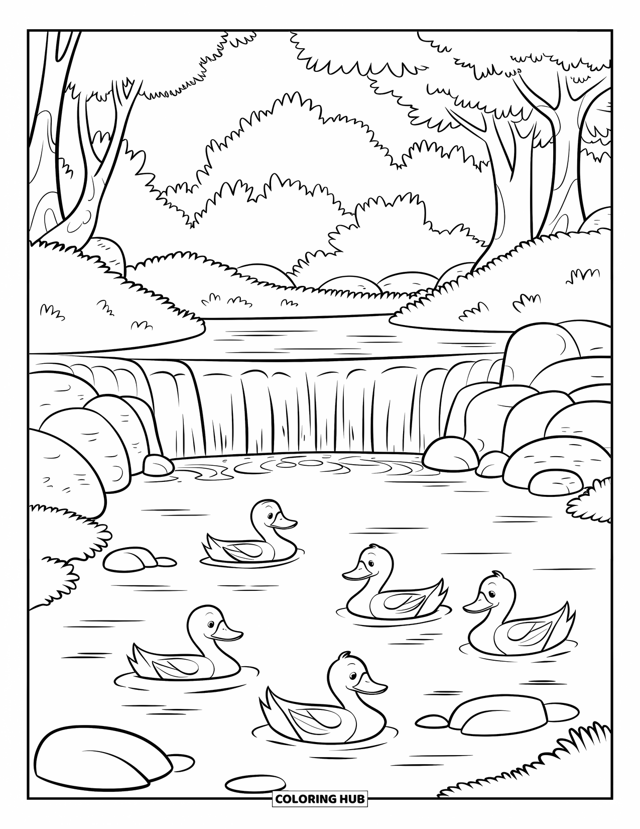 Kleurplaat Meer voor Kinderen: Een sereen meer met een zachte waterval, rotsen en een familie eenden