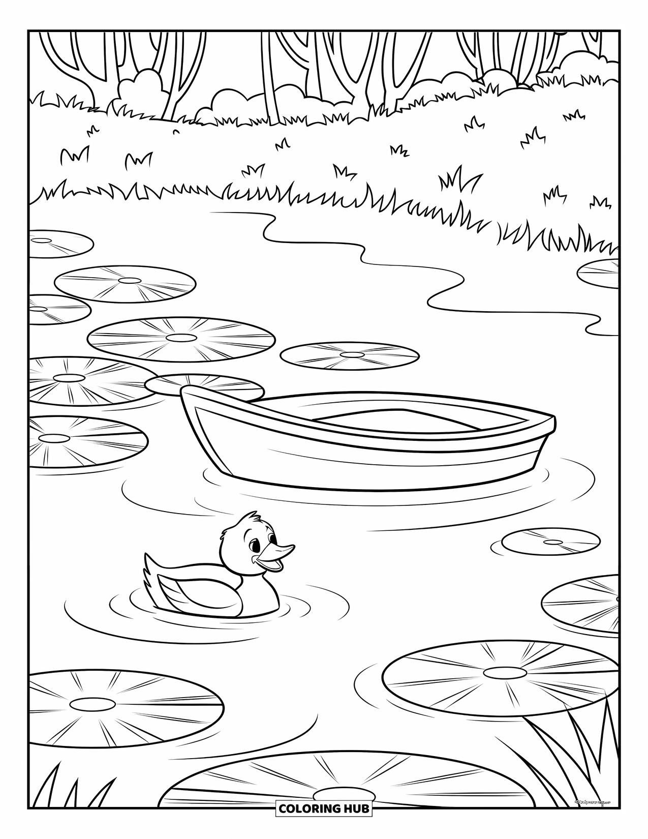 Kleurplaat Meer voor Kinderen: Een sereen meer met grote waterlelies, een boot en een vrolijke eend