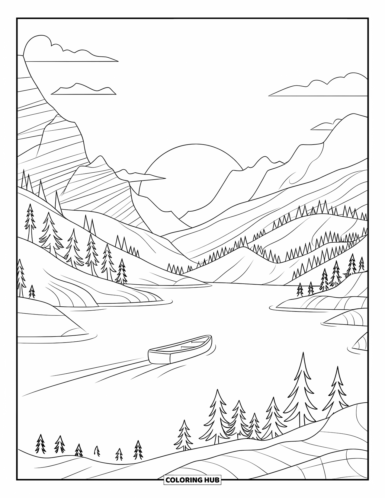 Kleurplaat Meer voor Kinderen: Een sereen meer met bergen, dennenbomen en een drijvende roeiboot