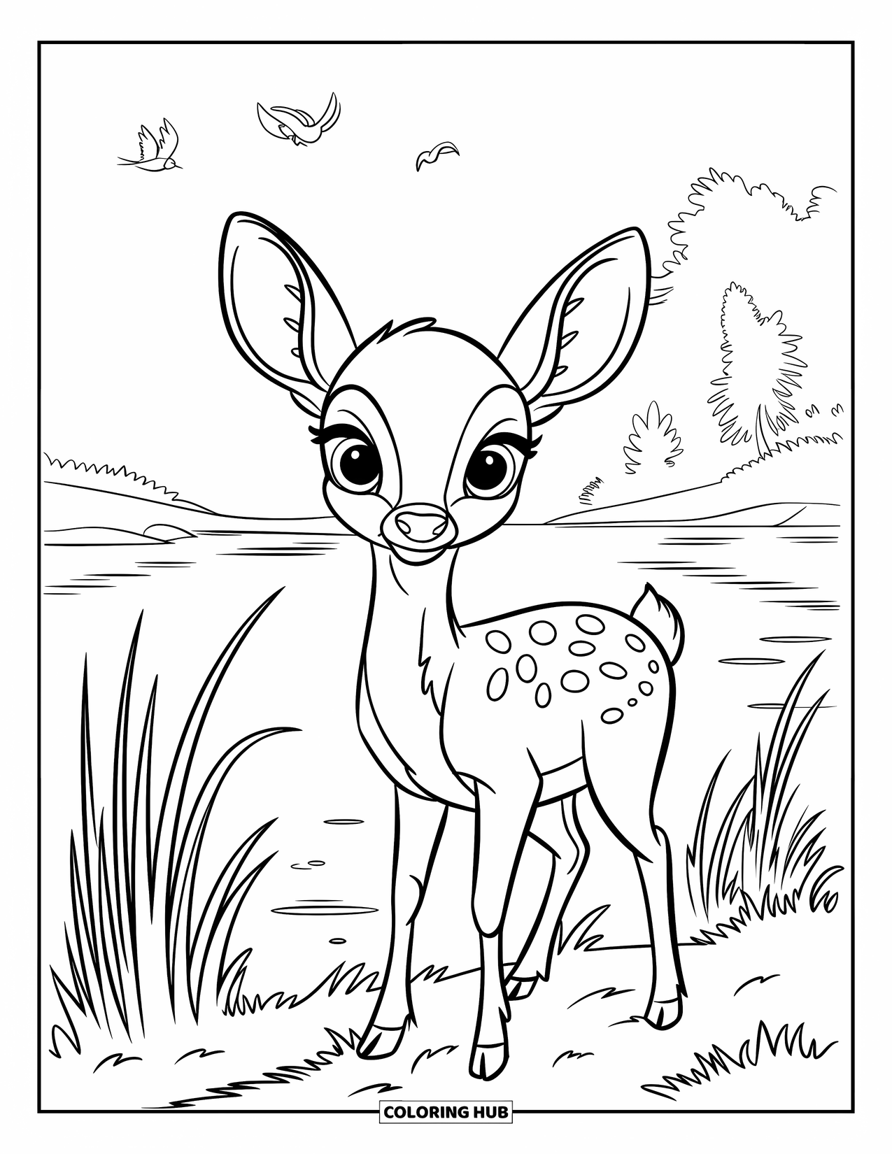 Kleurplaat Meer voor Kinderen: Een eenvoudig meerlandschap met een boom, een houten dok en zachte golven