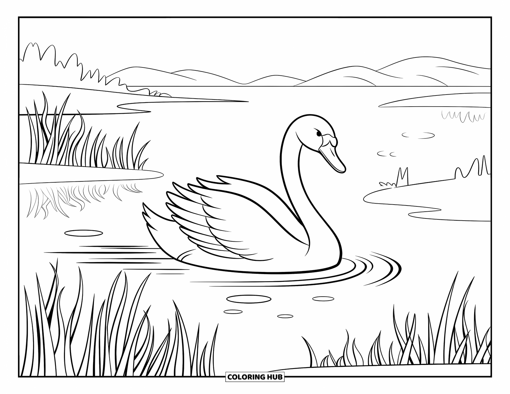 Kleurplaat Meer voor Kinderen: Een klein eiland in een kalm meer met twee zwemmende eenden