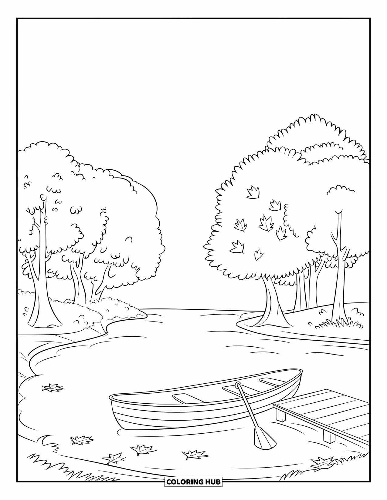 Kleurplaat Meer voor Kinderen: Een klein meer met een roeiboot, herfstbomen en een houten dok