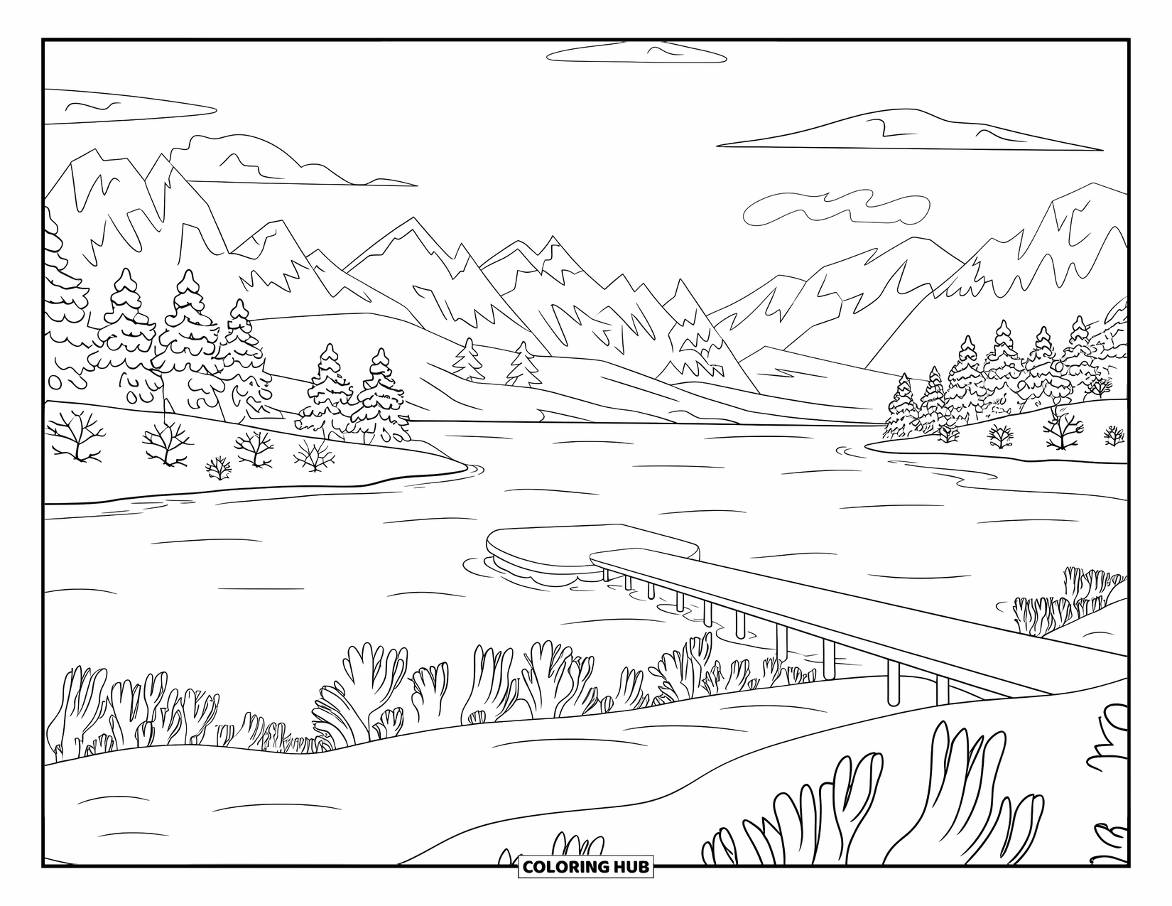Kleurplaat Meer voor Kinderen: Een besneeuwd meer met een houten dok en bergen