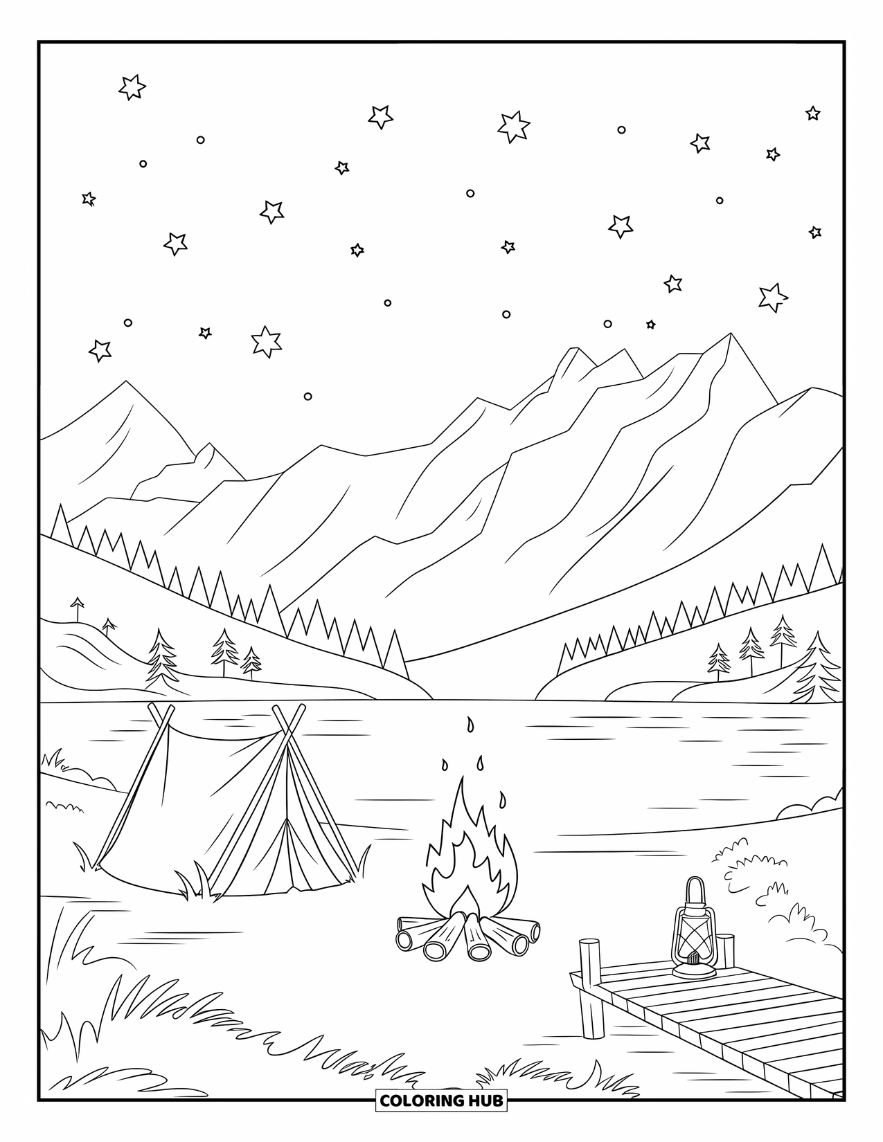 Kleurplaat Meer voor Kinderen: Een sterrenmeer met een kampvuur dat gloeit bij een tent