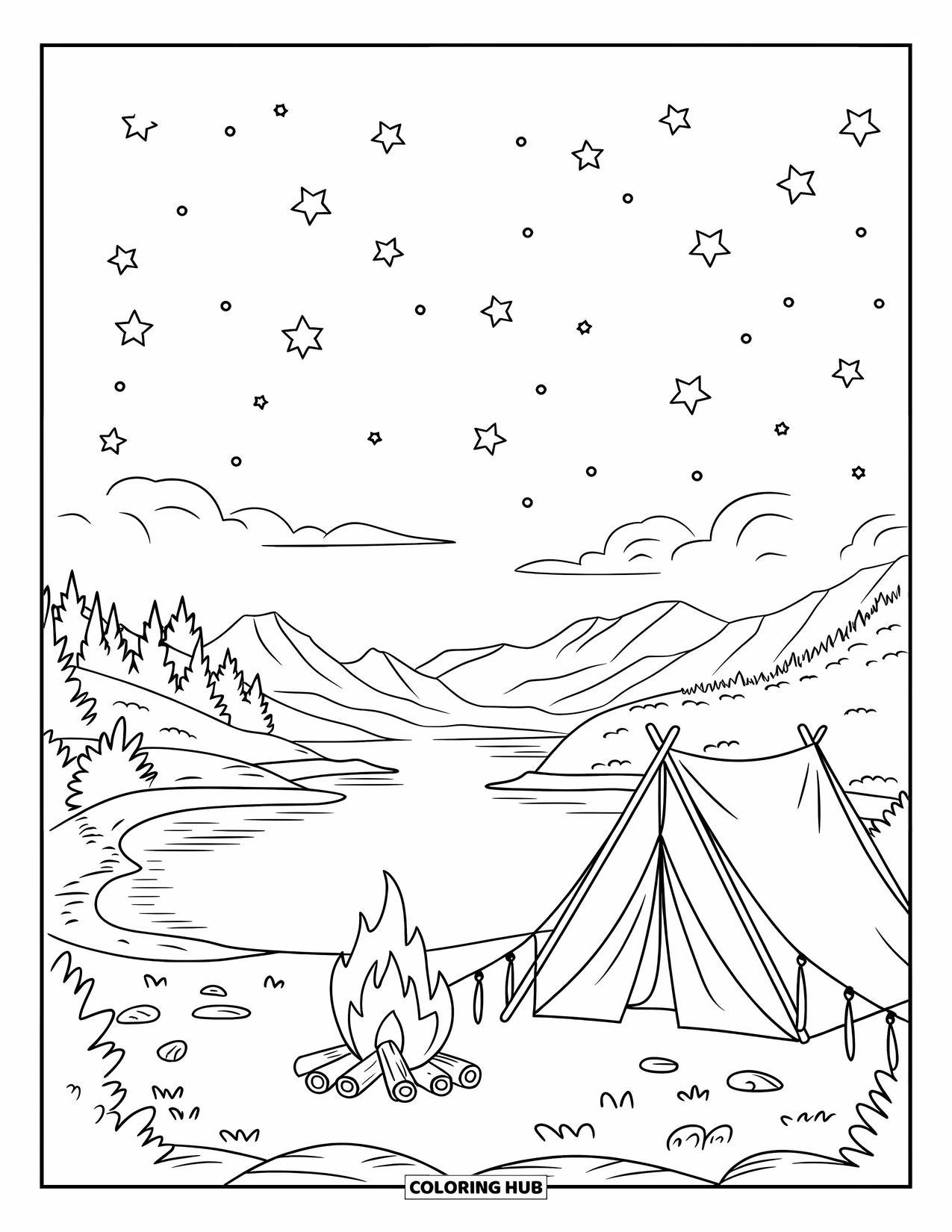 Kleurplaat Meer voor Kinderen: Een sterrennacht aan een meer met een kampvuur en een tent