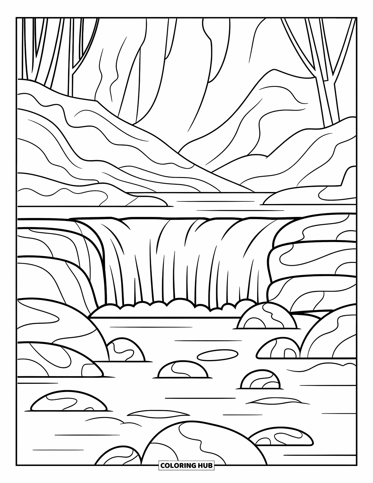 Kleurplaat Meer voor Kinderen: Een kleine waterval die een meer voedt met rotsen en zachte golven