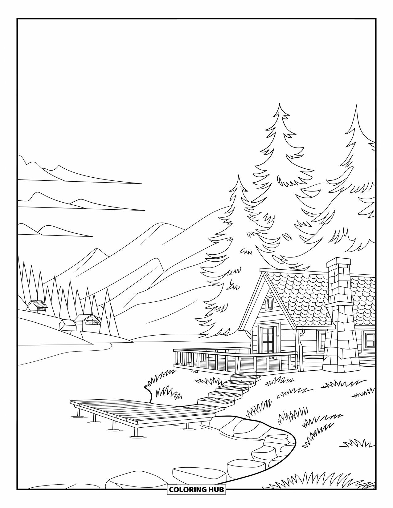 Kleurplaat Meer voor Kinderen: Een rustig meer met een gezellig huisje en hoge dennenbomen
