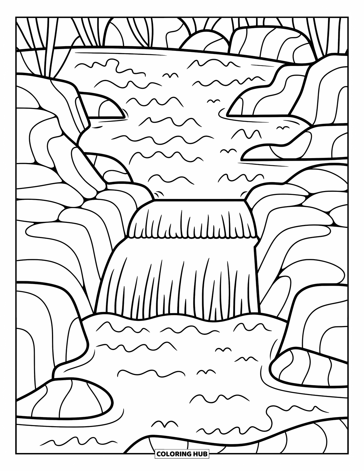 Kleurplaat Meer voor Kinderen: Een waterval die in een meer stort met rotsen en zachte golven