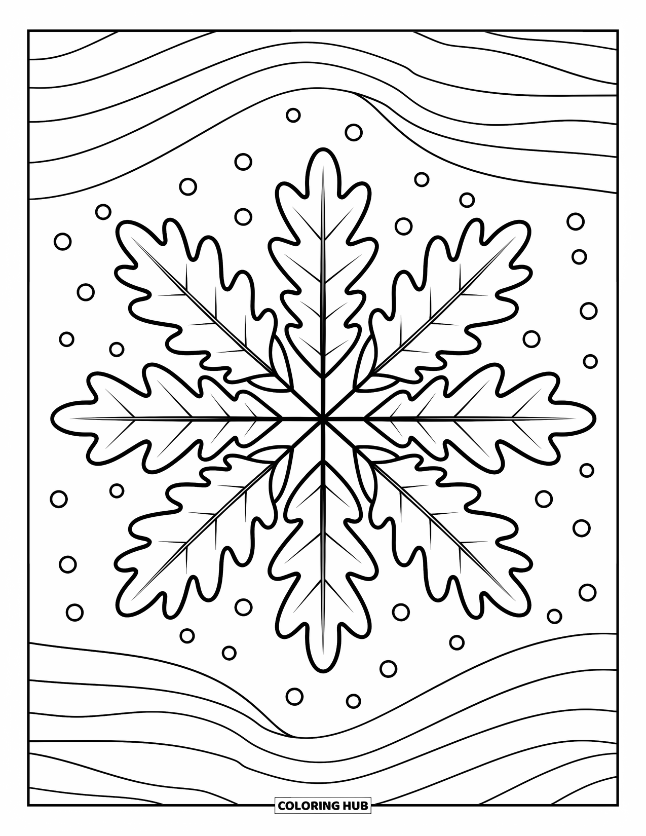 Desen de colorat cu frunze pentru adulți: Un aranjament fermecător de frunze de stejar într-un model de explozie stelară, cu linii și puncte ondulate capricioase