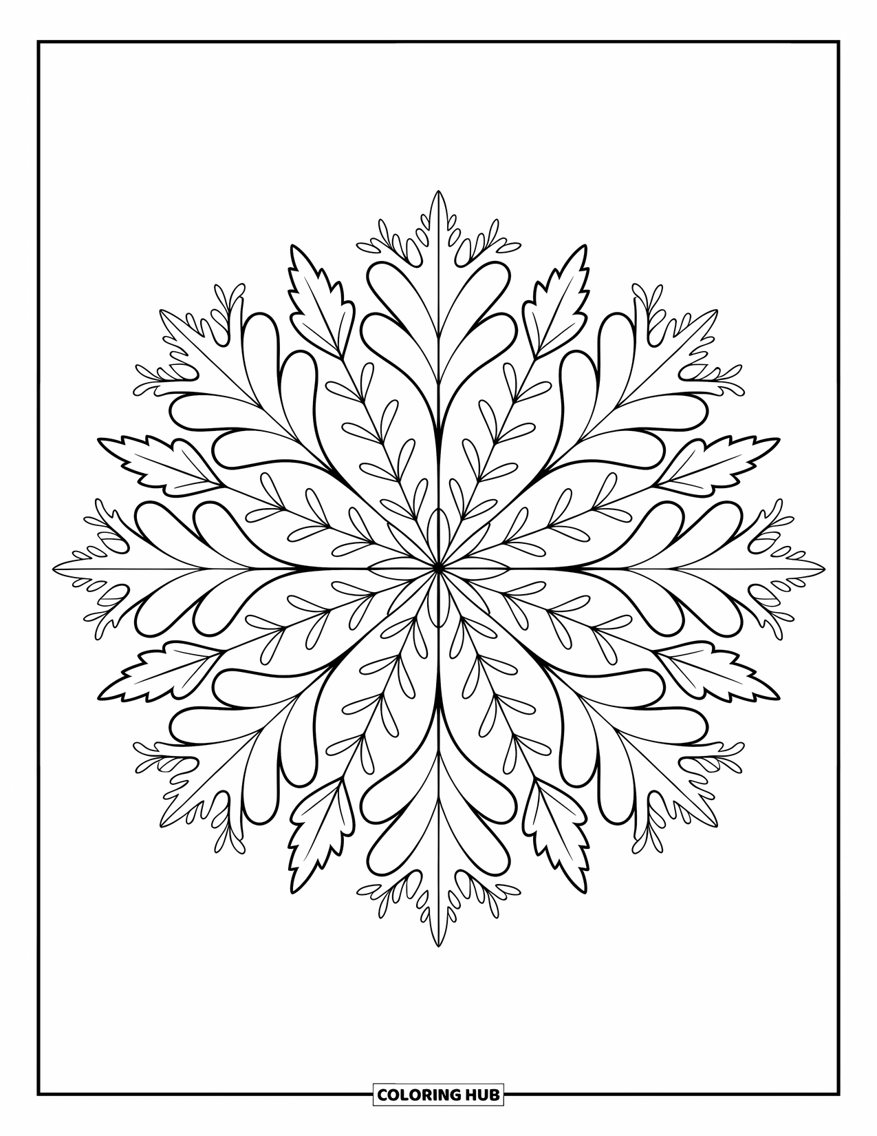 Desen de colorat cu frunze pentru adulți: O frunză de castan cu detalii fine, însoțită de vițe de vie spiralate și motive florale pentru un efect armonios