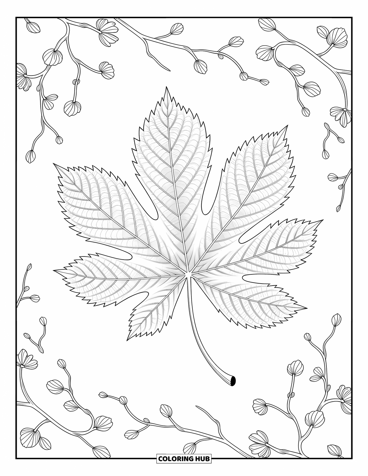 Desen de colorat cu frunze pentru adulți: O frunză de castan cu nervuri complicate, înconjurată de ramuri mai mici, creând un design echilibrat și rafinat