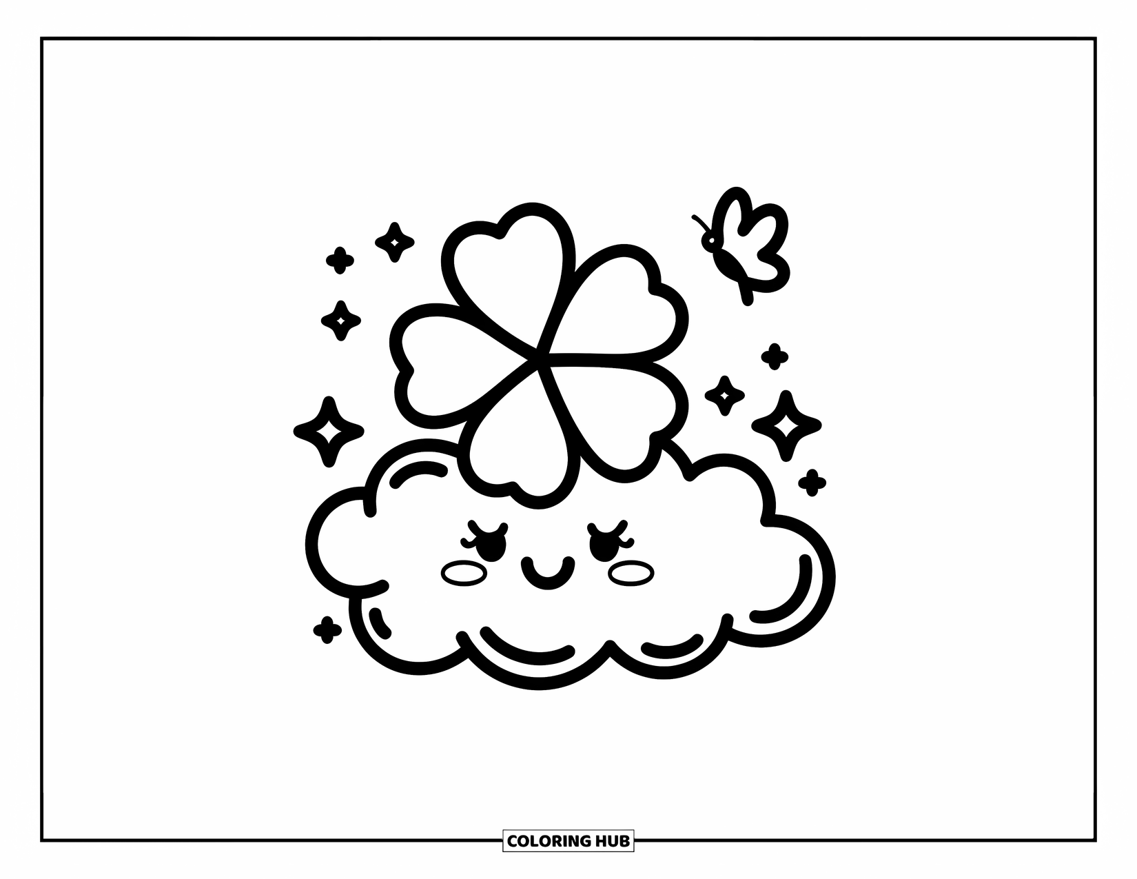 Desen de colorat cu frunze pentru adulți: O frunză de trifoi sare pe un nor pufos, în timp ce un fluture flutură și o stea somnoroasă aruncă o privire