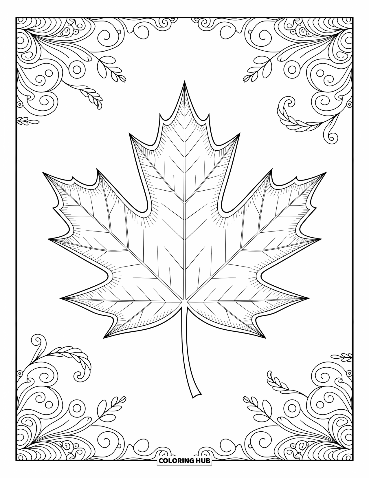 Desen de colorat cu frunze pentru adulți: O mandala complexă cu frunze de stejar radiază simetrie, cu detalii complicate și accente decorative grațioase