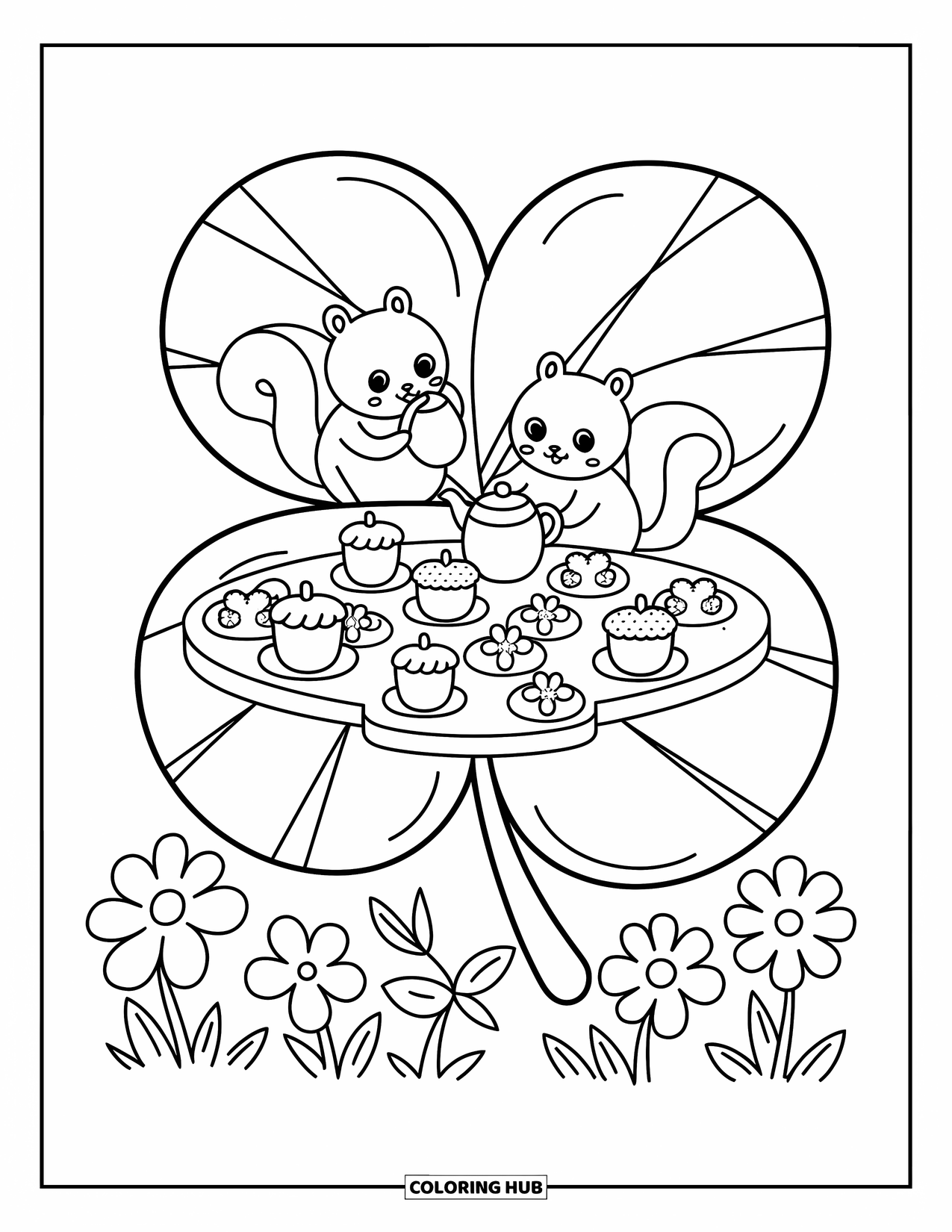 Desen de colorat cu frunze pentru adulți: O scenă confortabilă de cafenea se desfășoară pe o frunză uriașă de trifoi, cu creaturi ale pădurii bucurându-se de ceai și produse de patiserie