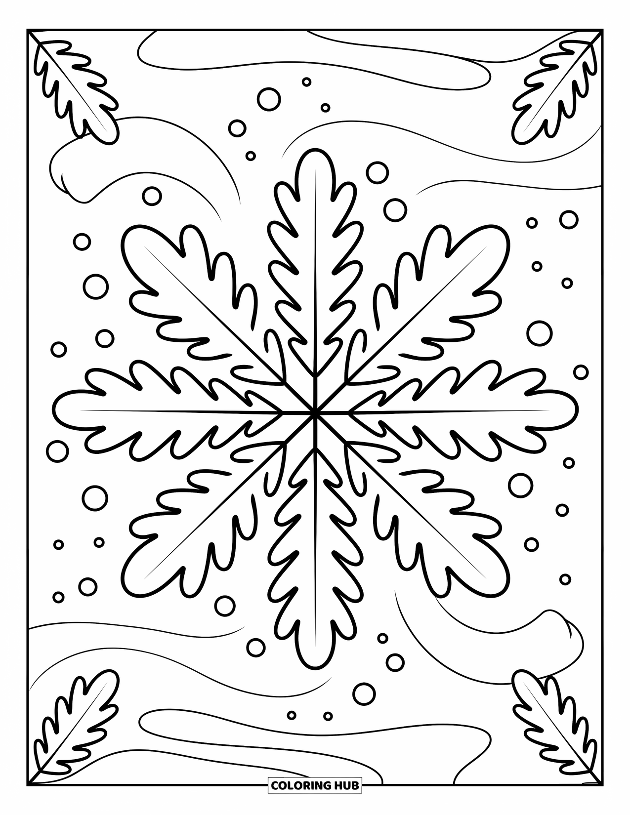 Desen de colorat cu frunze pentru adulți: O explozie confortabilă de stele din frunze de stejar cu curbe moi, înconjurată de linii și puncte ondulate plutitoare