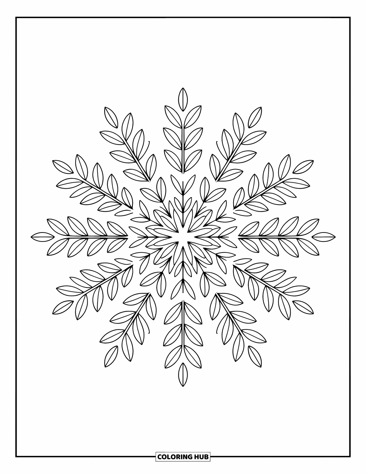 Desen de colorat cu frunze pentru adulți: O frunză de ferigă detaliată, plină de modele ornamentale, încadrată de vițe de vie spiralate și modele florale