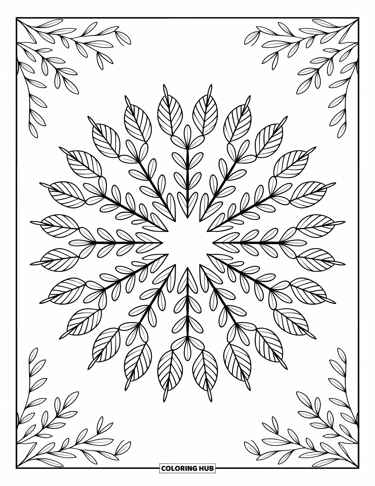 Desen de colorat cu frunze pentru adulți: O mandala detaliată cu frunze de măslin radiază simetrie, cu modele complicate care se extind într-o bordură elegantă