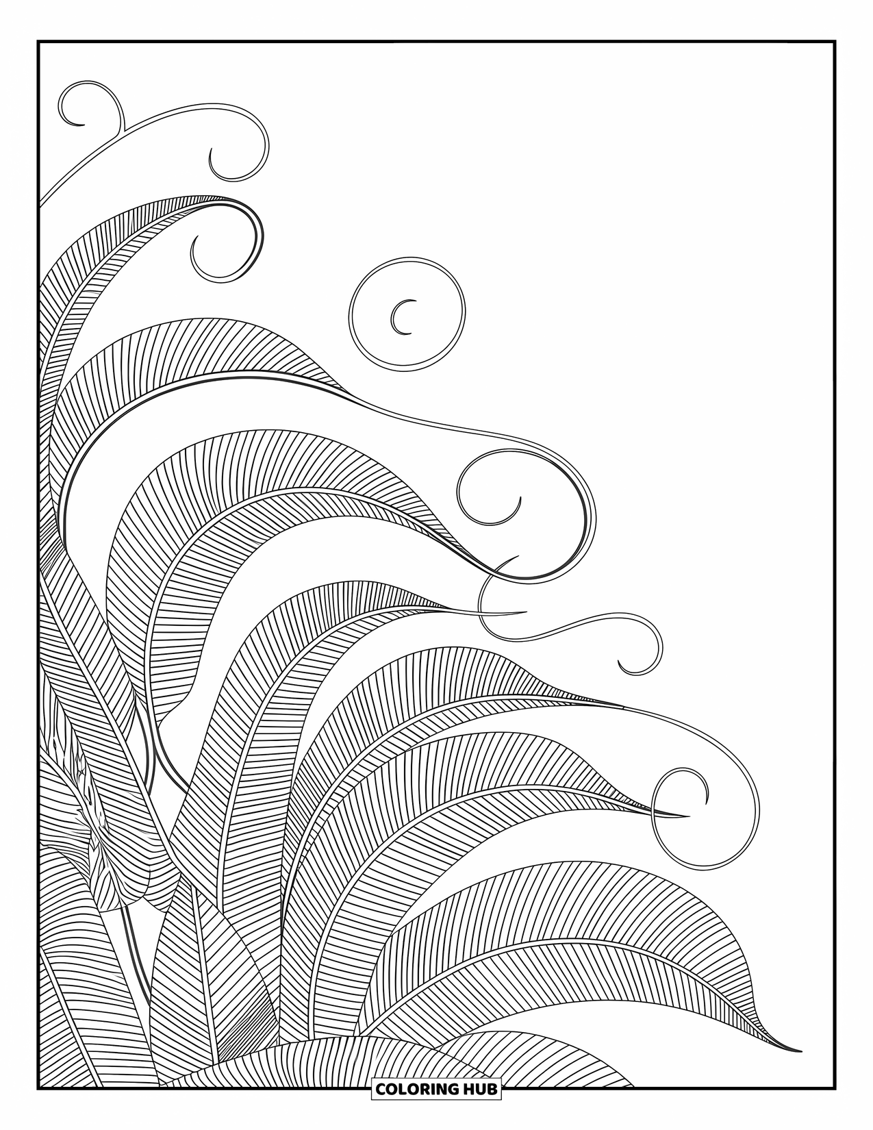 Desen de colorat cu frunze pentru adulți: O mandala detaliată cu frunze de măslin, cu elemente florale spiralate, oferind o compoziție elegantă și senină
