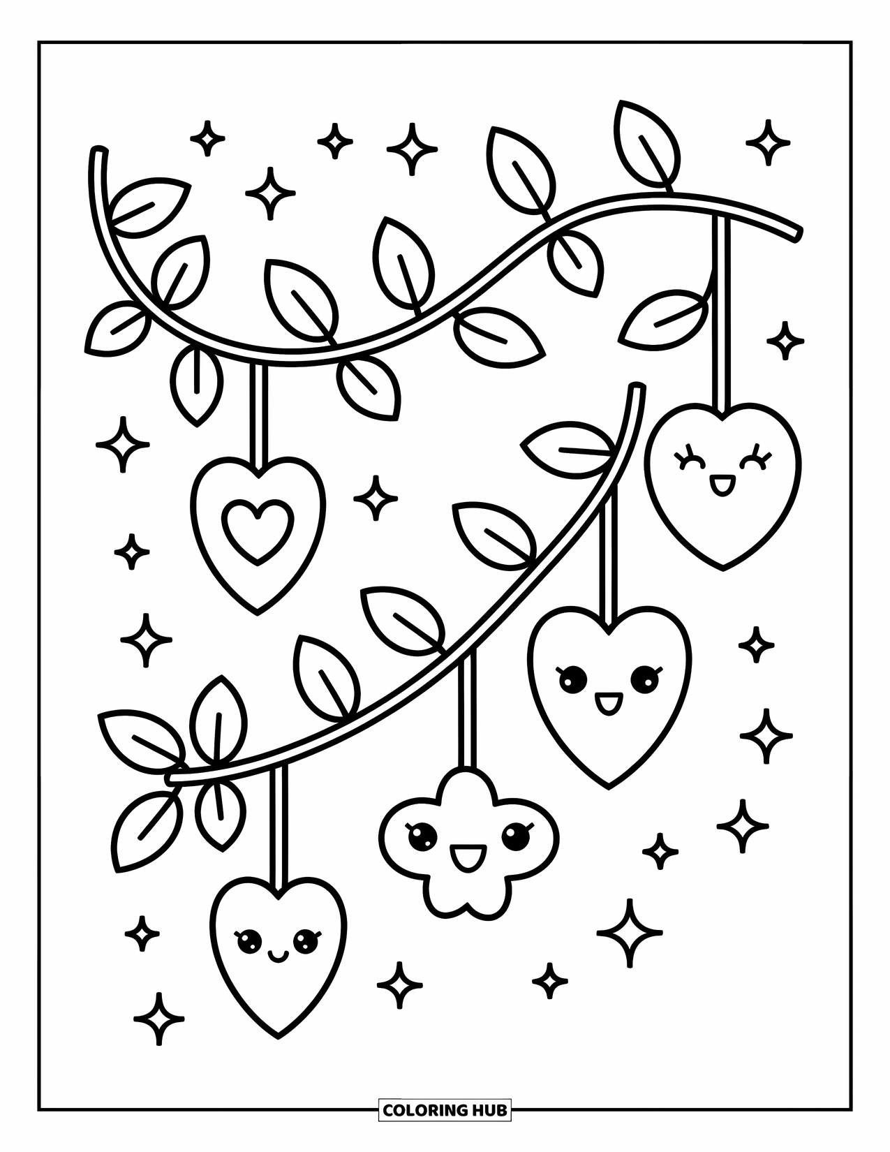 Desen de colorat cu frunze pentru adulți: O viță de vie curbată grațios, cu frunze adorabile atârnate, presărată cu stele și scântei pentru farmec