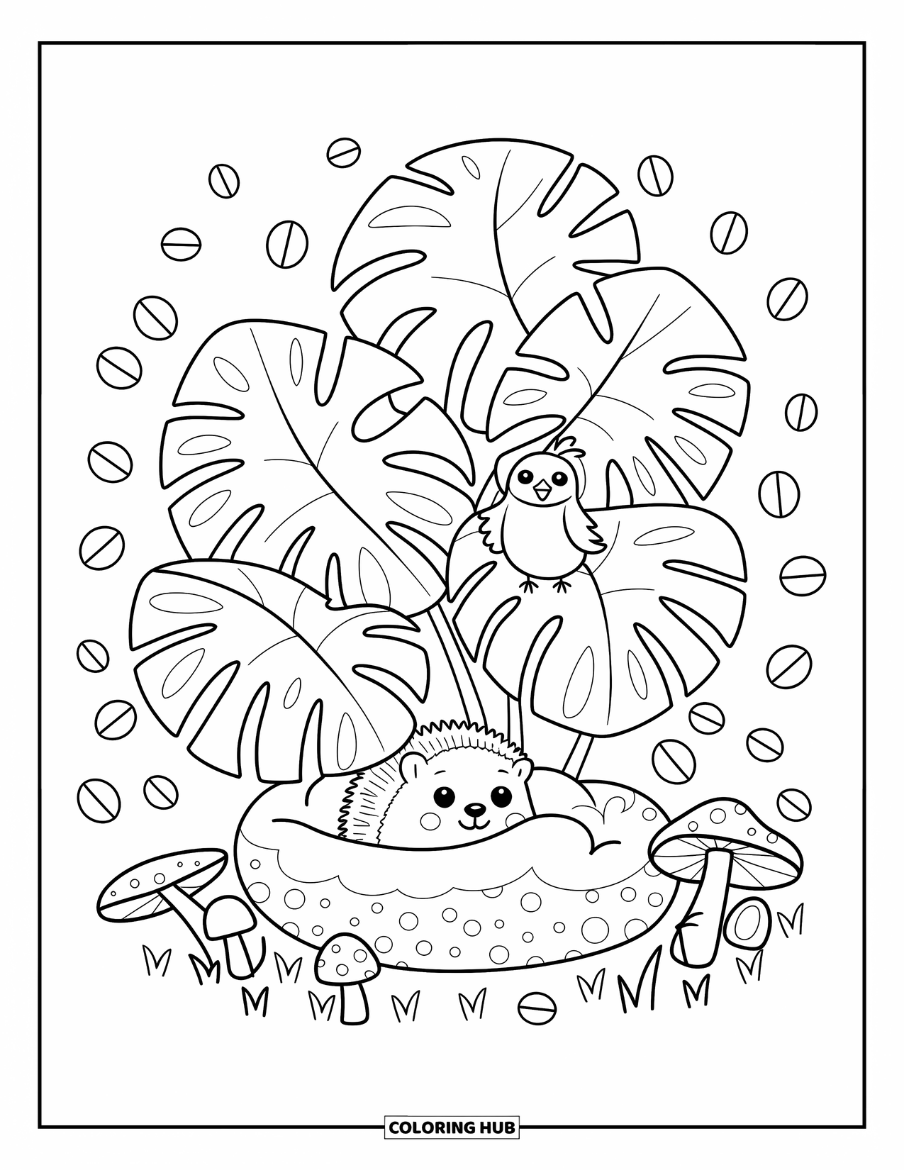 Desen de colorat cu frunze pentru adulți: Un arici se ascunde printre frunzele de monstera, în timp ce o pasăre mică cântă deasupra, încadrată de petale plutitoare