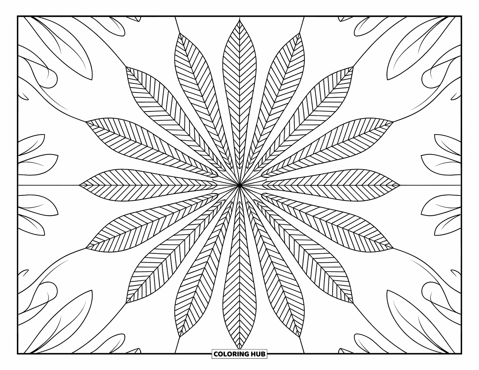 Desen de colorat cu frunze pentru adulți: Un caleidoscop hipnotic de frunze se împletește într-o compoziție complexă și echilibrată