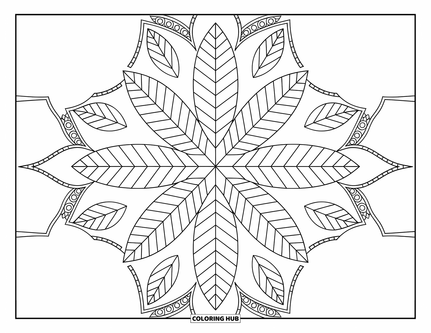 Desen de colorat cu frunze pentru adulți: Un caleidoscop de diverse frunze formează un model geometric complex și elegant