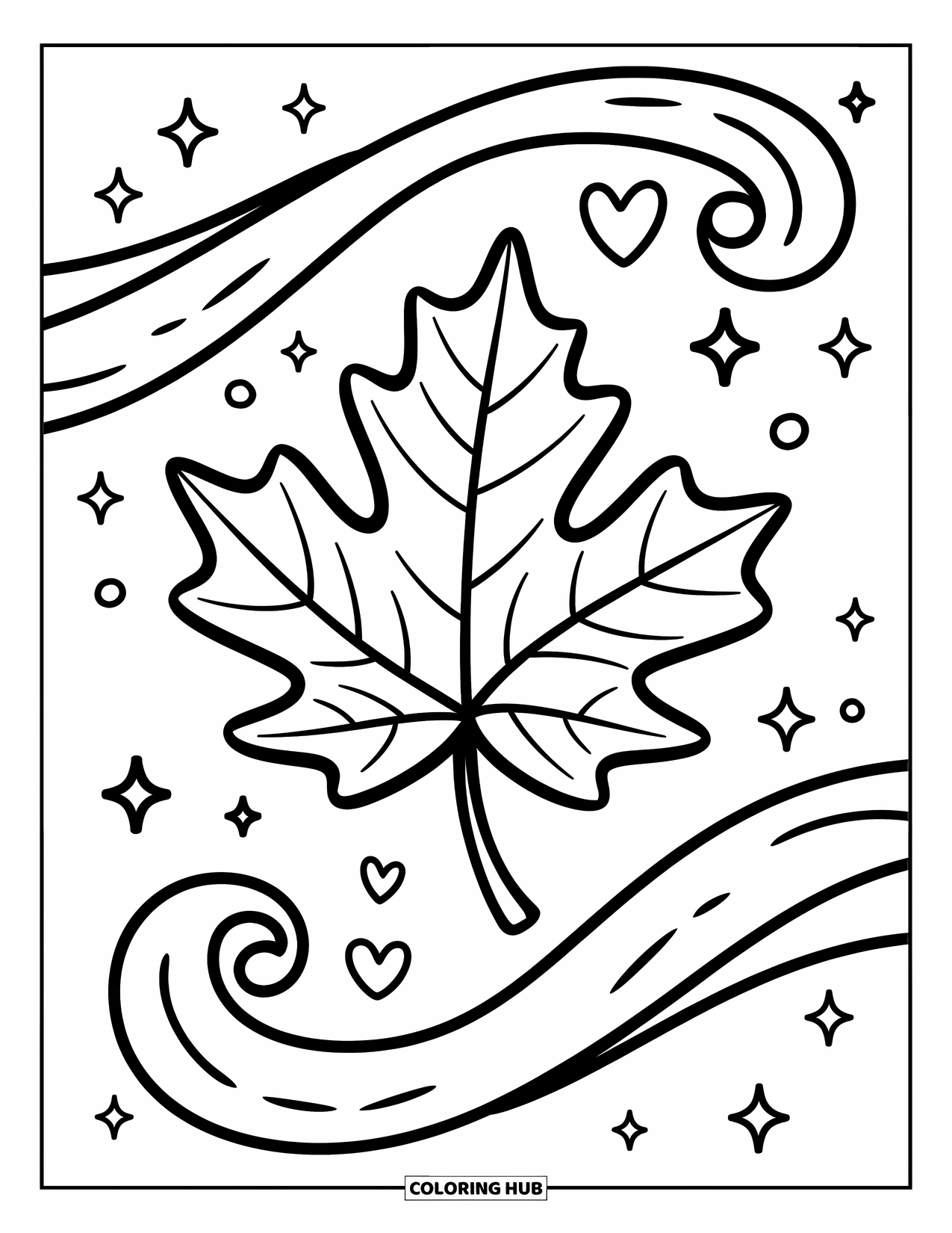 Desen de colorat cu frunze pentru adulți: O frunză de arțar cu margini ondulate plutește în briză, înconjurată de stele mici și scântei în formă de inimă