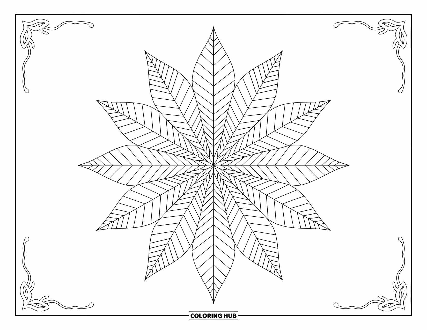 Desen de colorat cu frunze pentru adulți: Un model fascinant de frunze se învârte într-un design caleidoscopic detaliat și sofisticat