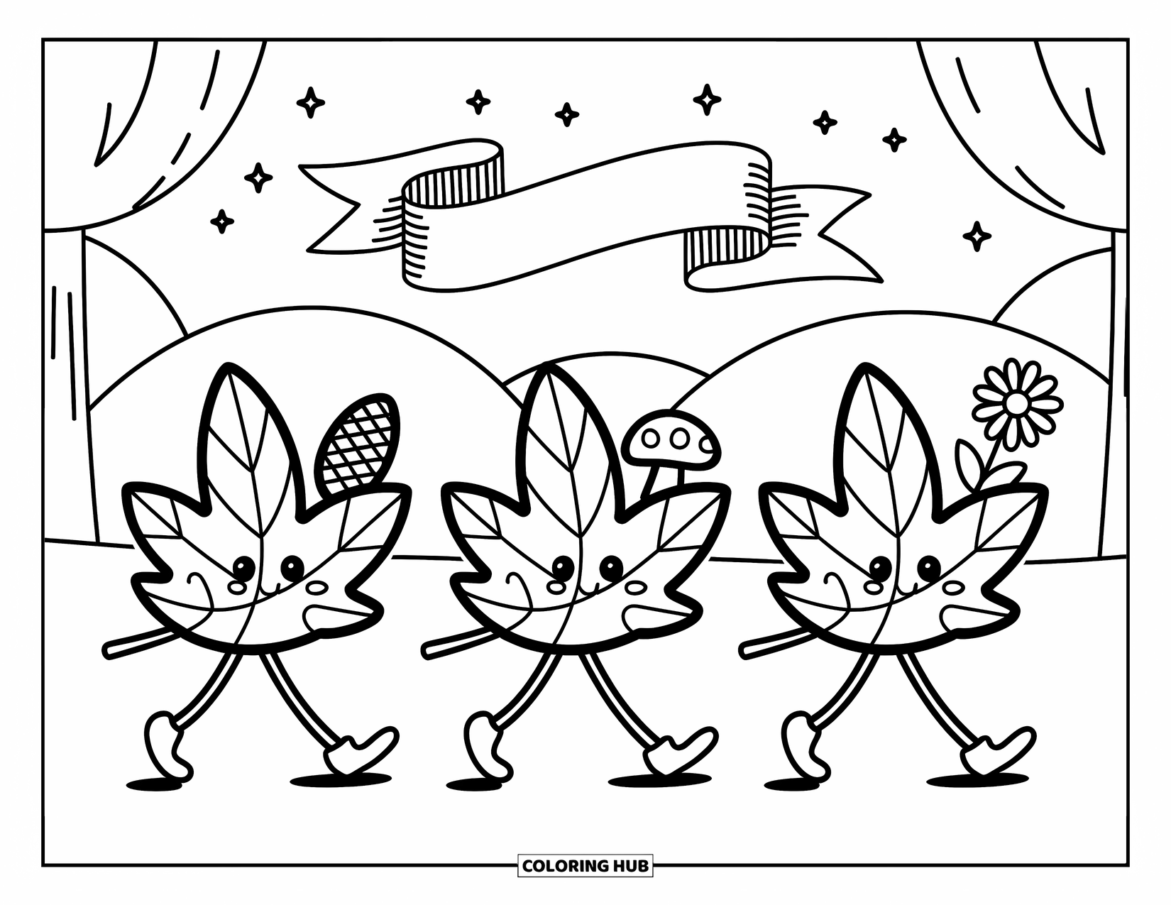 Desen de colorat cu frunze pentru adulți: O paradă de frunze de toamnă care transportă mici comori ale pădurii, cu un banner cu panglică plutind deasupra lor