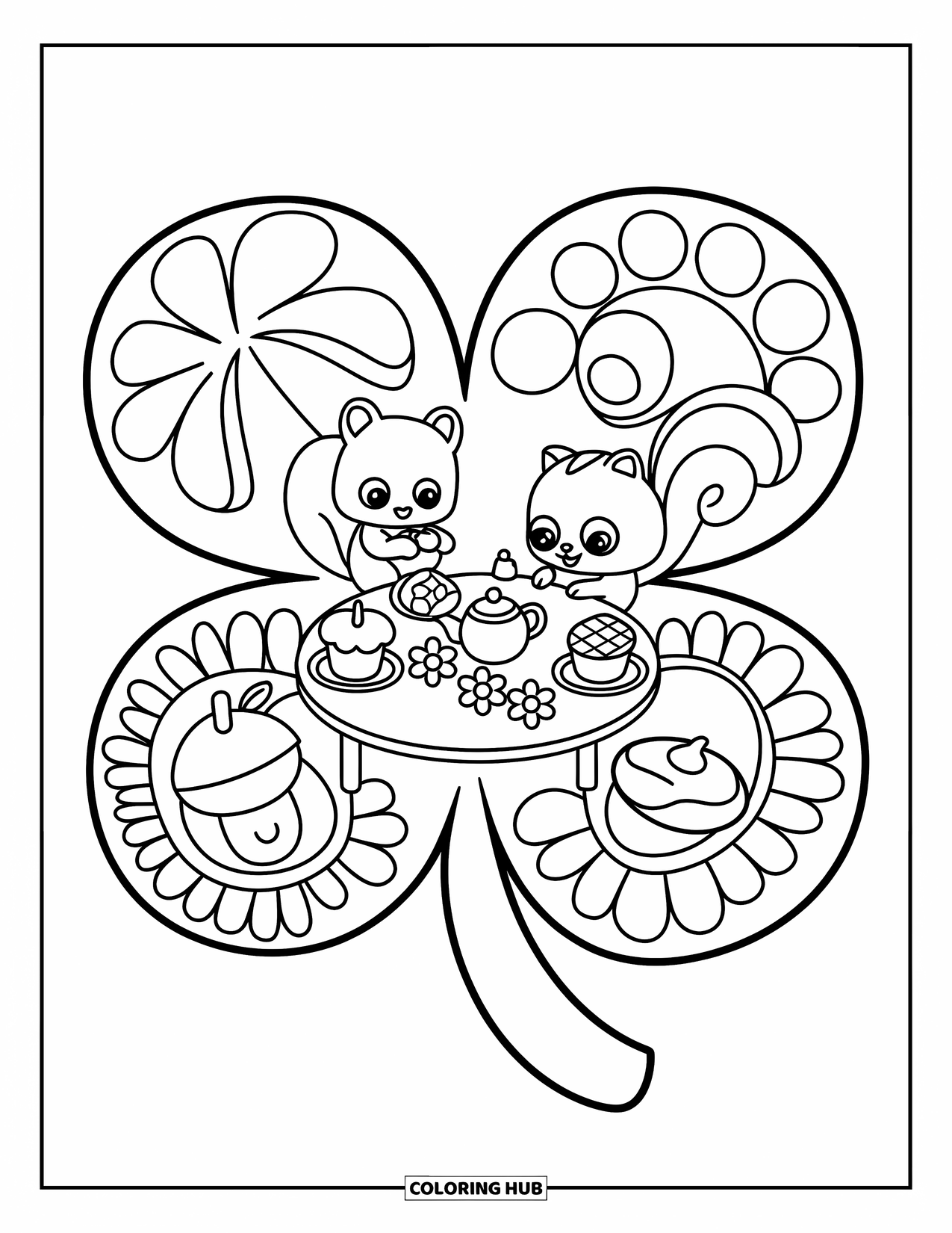 Desen de colorat cu frunze pentru adulți: O veveriță jucăușă toarnă ceai pe o frunză uriașă de trifoi, transformată într-o masă fermecătoare de cafenea din pădure