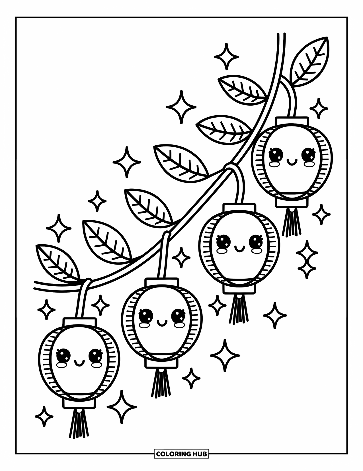 Desen de colorat cu frunze pentru adulți: O viță de vie jucăușă cu frunze ca niște felinare, sclipind cu stele mici plutitoare și sclipici în jurul lor