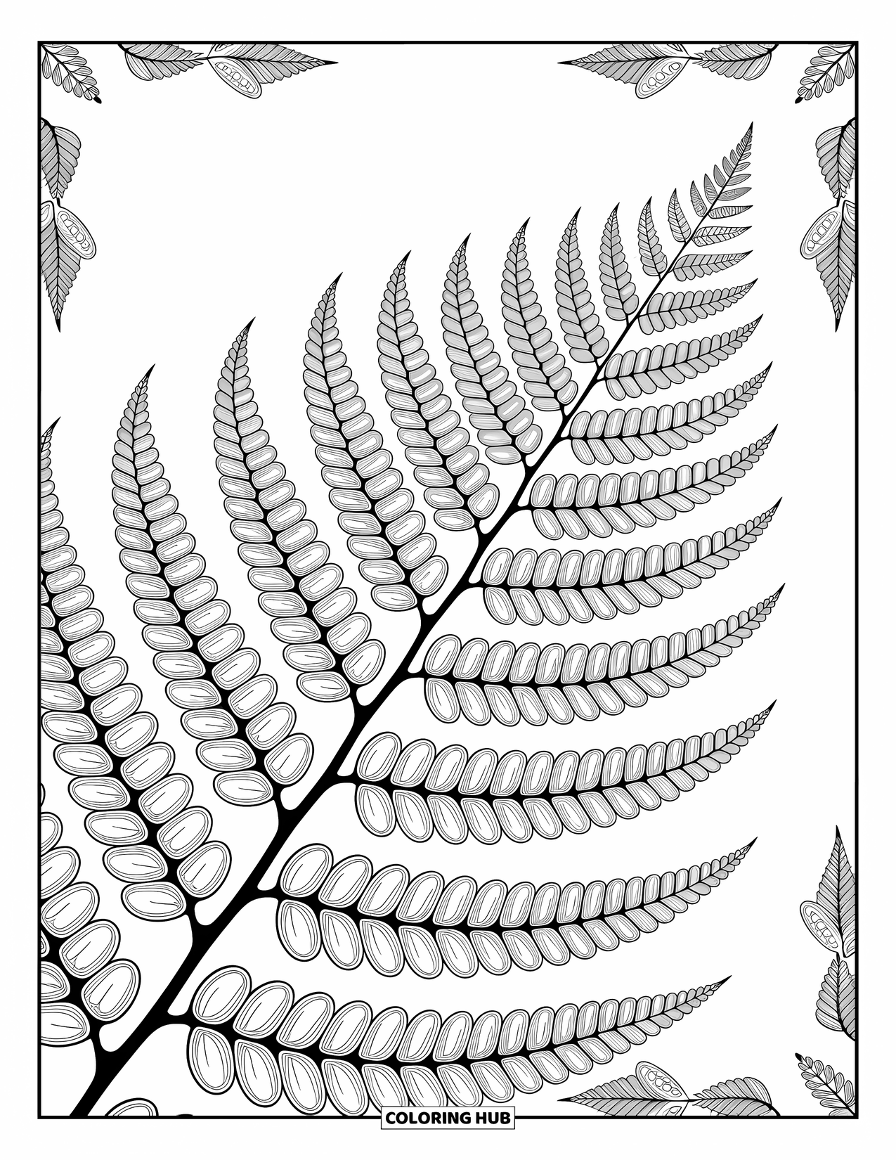 Desen de colorat cu frunze pentru adulți: O scenă suprarealistă cu frunze plutitoare care se dizolvă în forme geometrice, încadrată de modele complicate