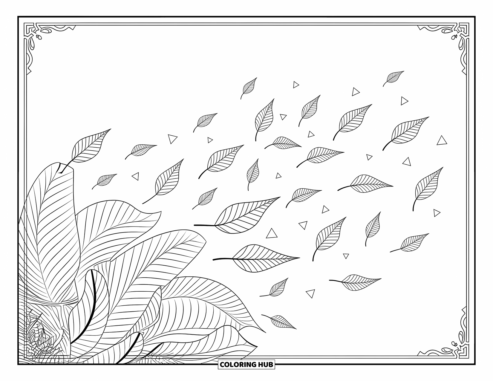 Desen de colorat cu frunze pentru adulți: O scenă suprarealistă cu frunze care se dizolvă în forme geometrice, îmbinând natura cu un design complex