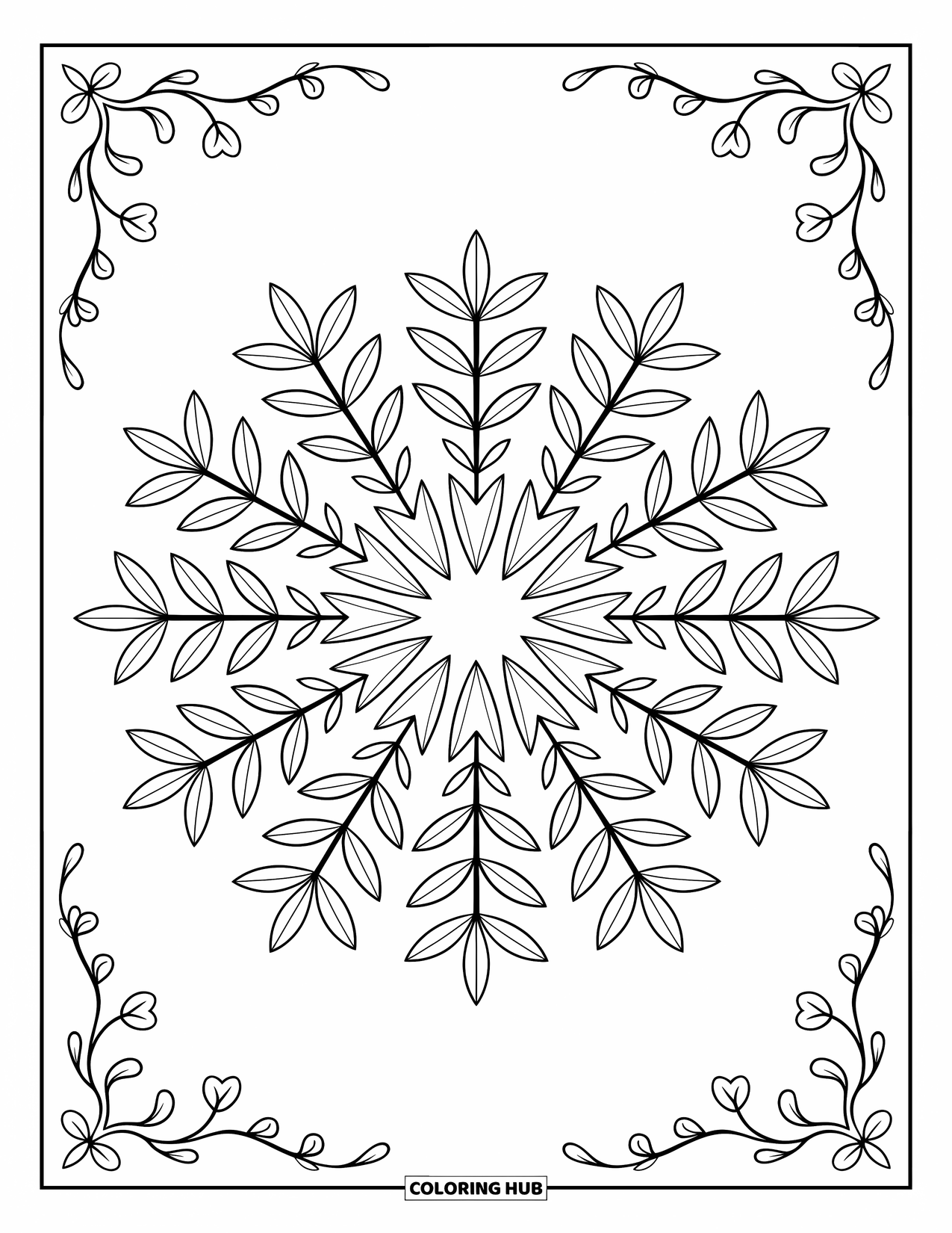 Desen de colorat cu frunze pentru adulți: O mandala simetrică cu frunze de măslin aranjate în armonie circulară, înconjurată de vițe de vie spiralate și motive florale