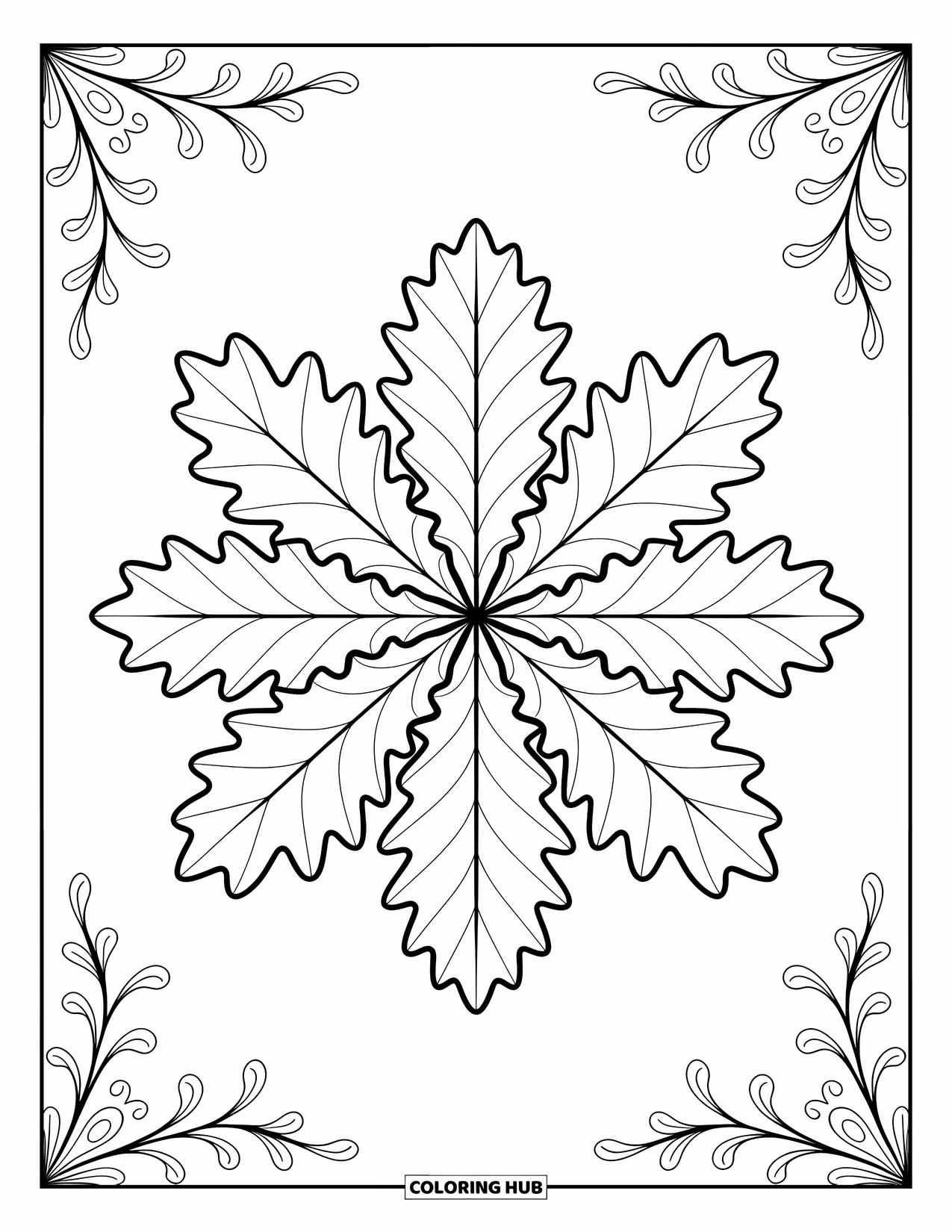 Desen de colorat cu frunze pentru adulți: O mandala simetrică cu frunze de stejar, cu modele complicate și detalii filigranate spiralate