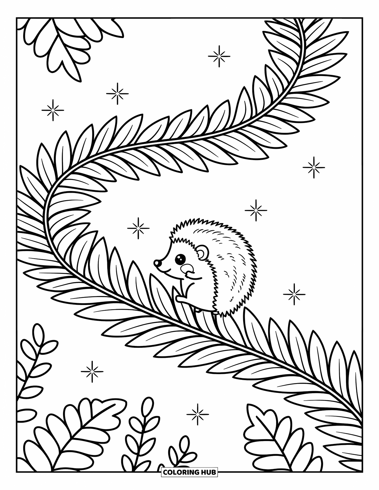 Desen de colorat cu frunze pentru adulți: Un arici mic merge cu grijă peste un pod plutitor de frunze, strălucind cu farmec magic