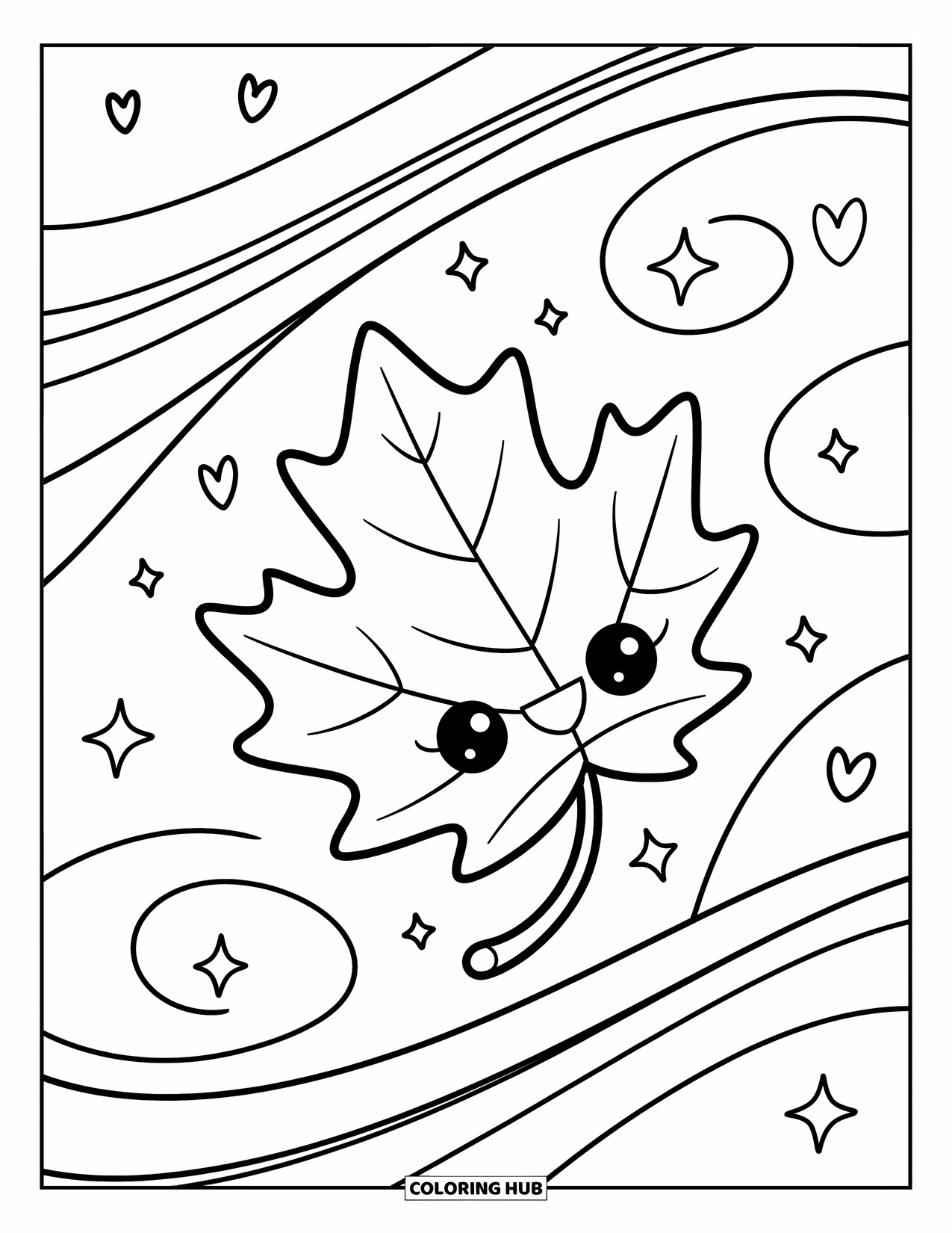 Desen de colorat cu frunze pentru adulți: O frunză de arțar cu margini ondulate se leagănă în vânt, în timp ce scântei și stele în formă de inimă dansează în jur