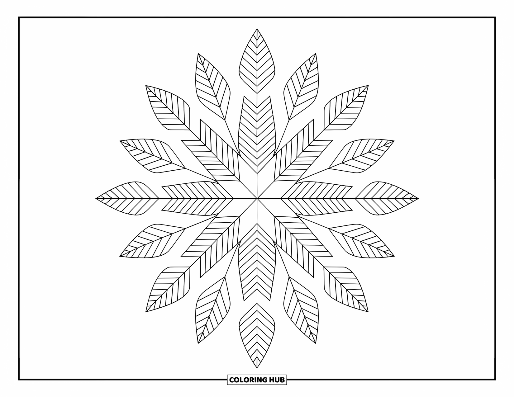 Desen de colorat cu frunze pentru adulți: O fuziune elegantă de frunze creează un model caleidoscopic izbitor, cu detalii complicate