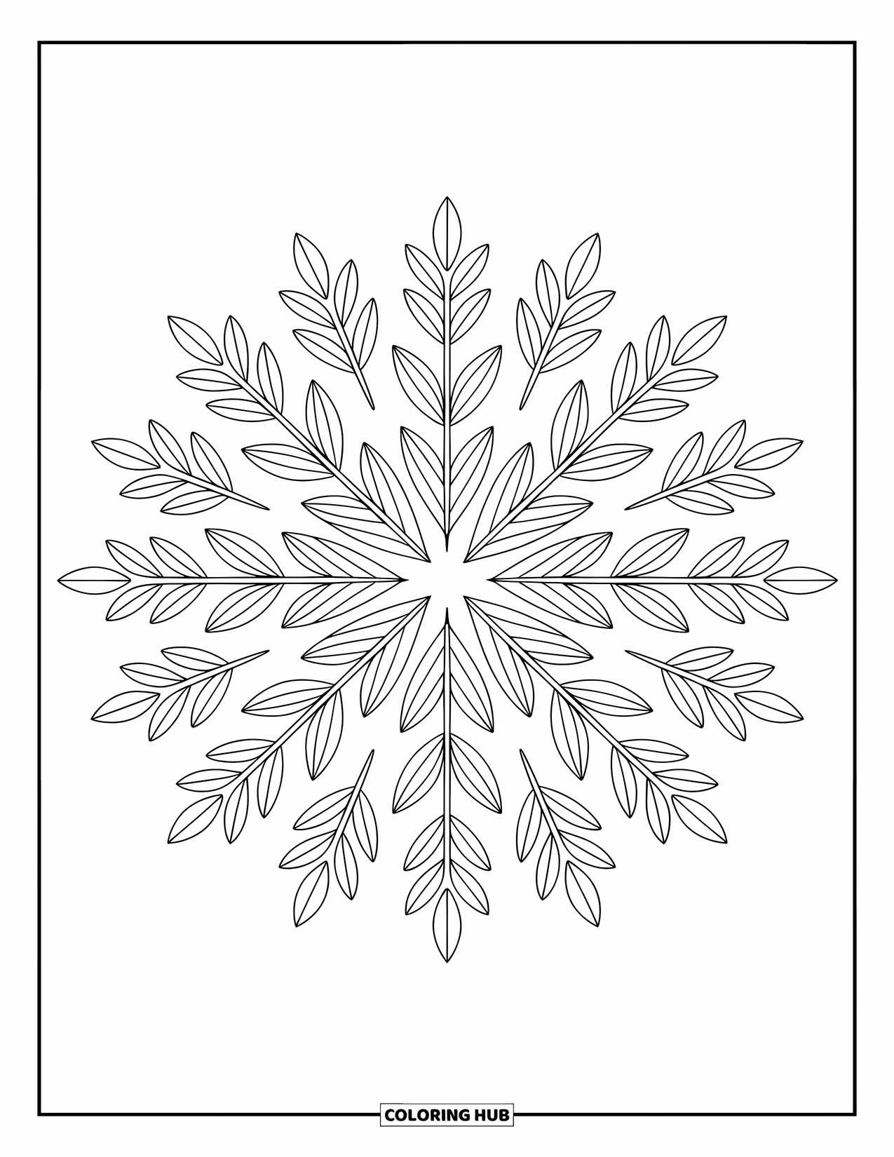 Desen de colorat cu frunze pentru adulți: O frunză de ferigă cu model complex, cu contururi îndrăznețe, înconjurată de motive botanice elegante