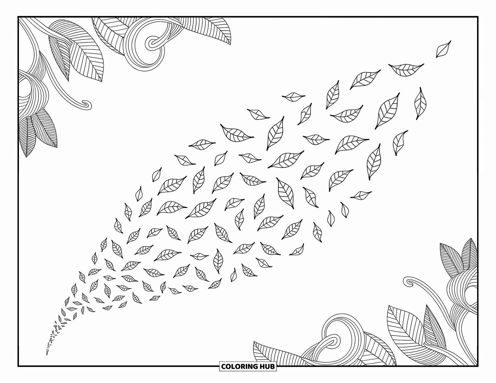 Desen de colorat cu frunze pentru adulți: Frunzele plutitoare se transformă în forme geometrice delicate, creând un design fascinant și complex