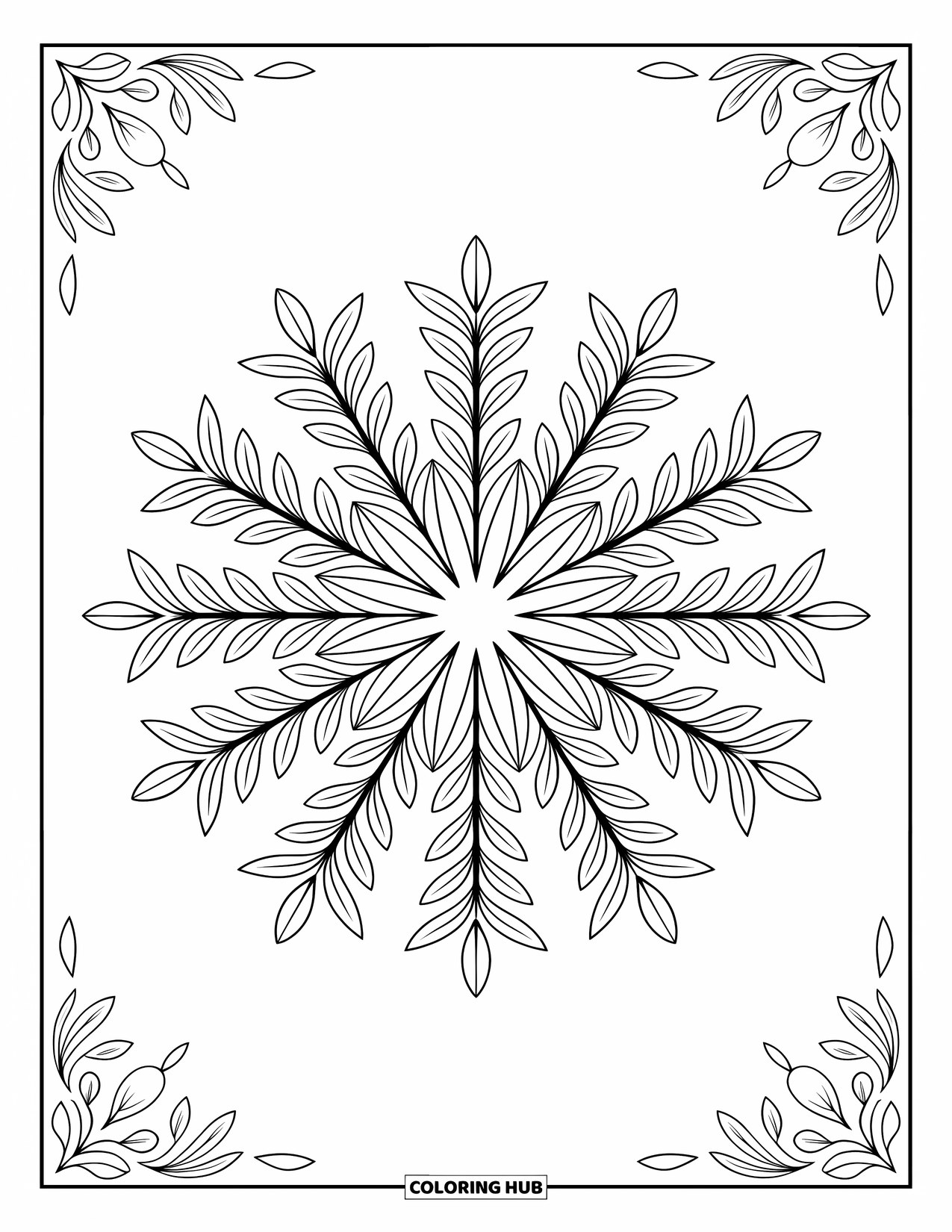 Desen de colorat cu frunze pentru adulți: Frunze de măslin formează o mandala fascinantă, înconjurată de modele complicate și ornamente artistice delicate