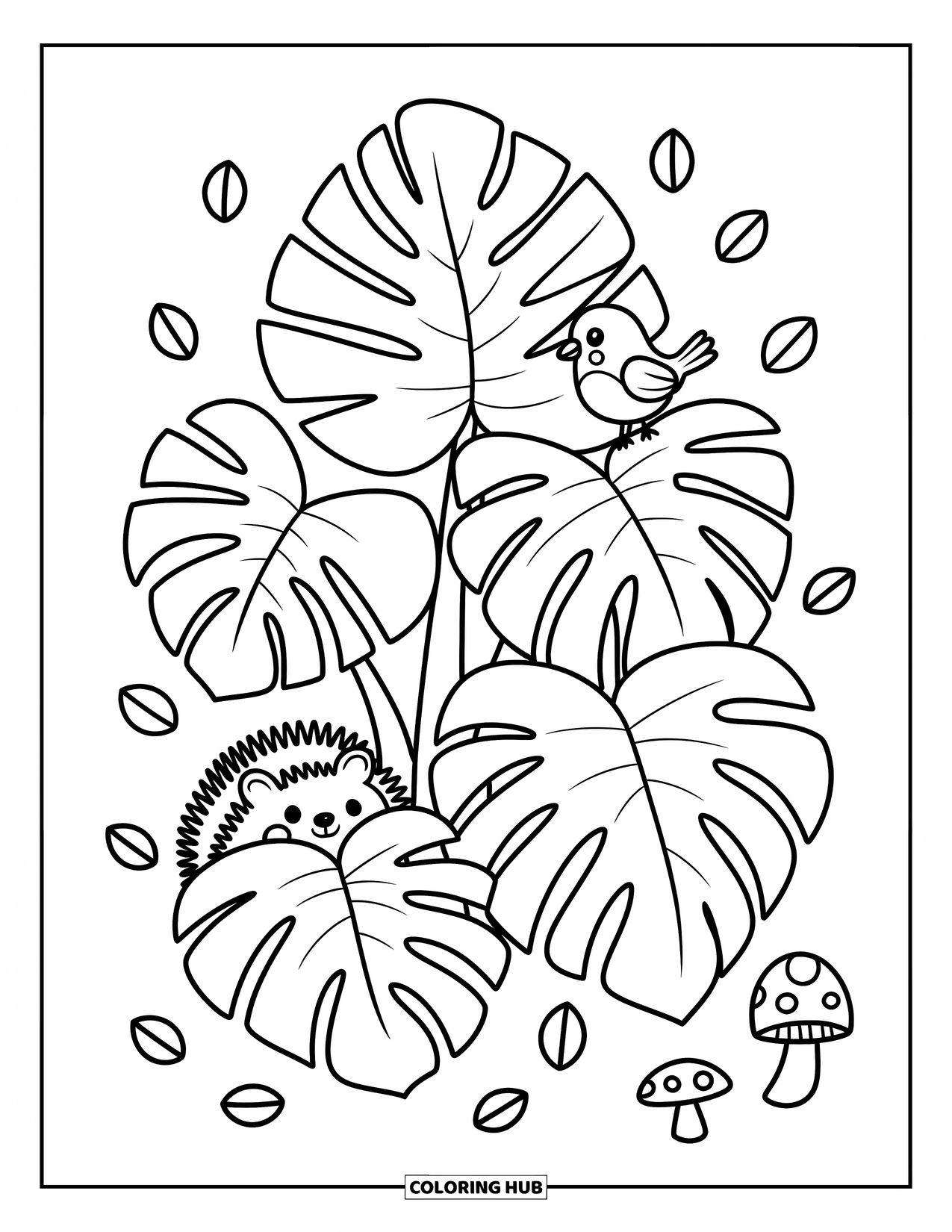 Desen de colorat cu frunze pentru adulți: Frunze moi de monstera adăpostesc un arici, cu o pasăre cocoțată deasupra și ciuperci mici în apropiere